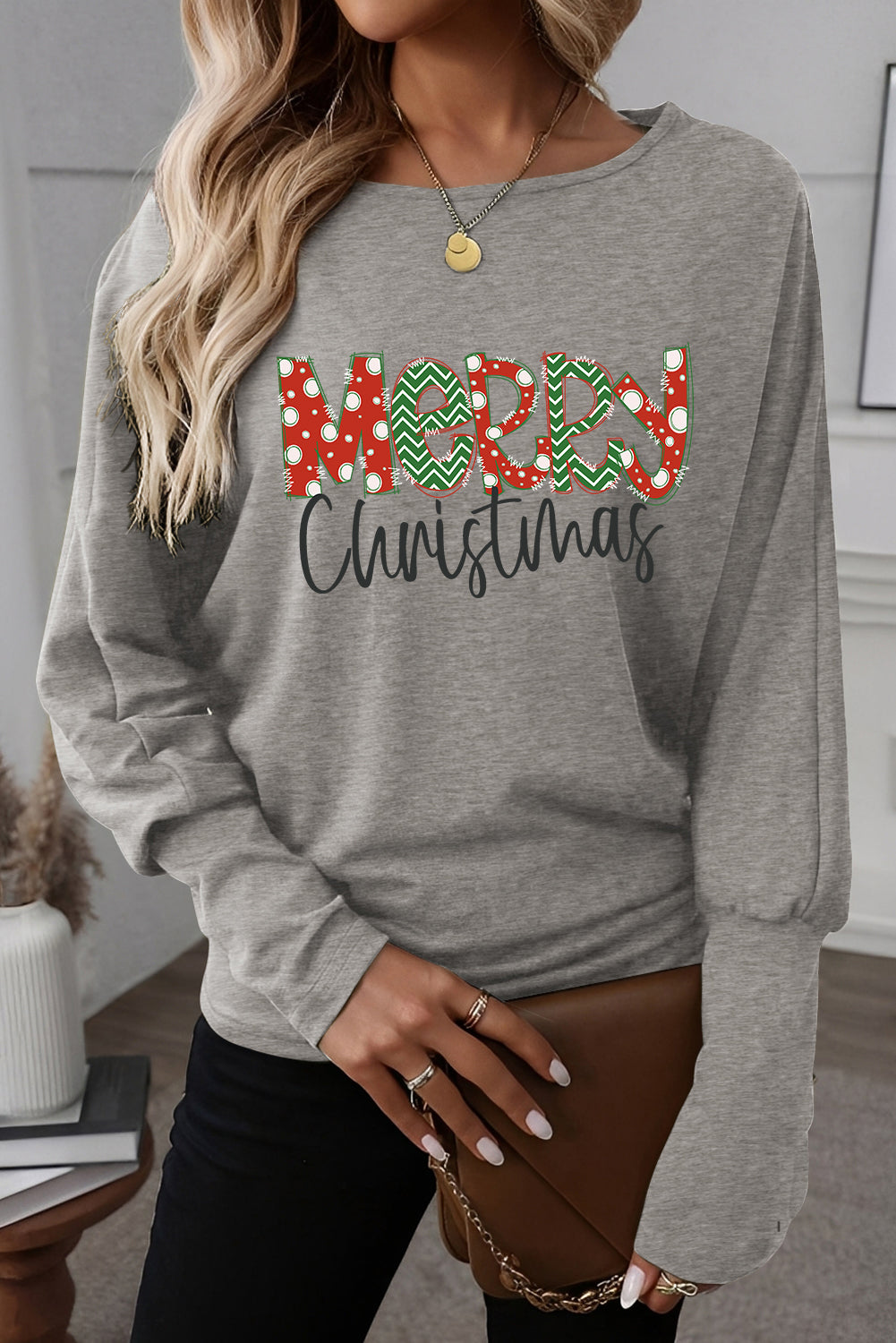 Light Grey Merry Christmas Graphic Extended Cuffs Dolman Long Sleeve Top-Graphic/Graphic Long Sleeve Tees-[Adult]-[Female]-2022 Online Blue Zone Planet