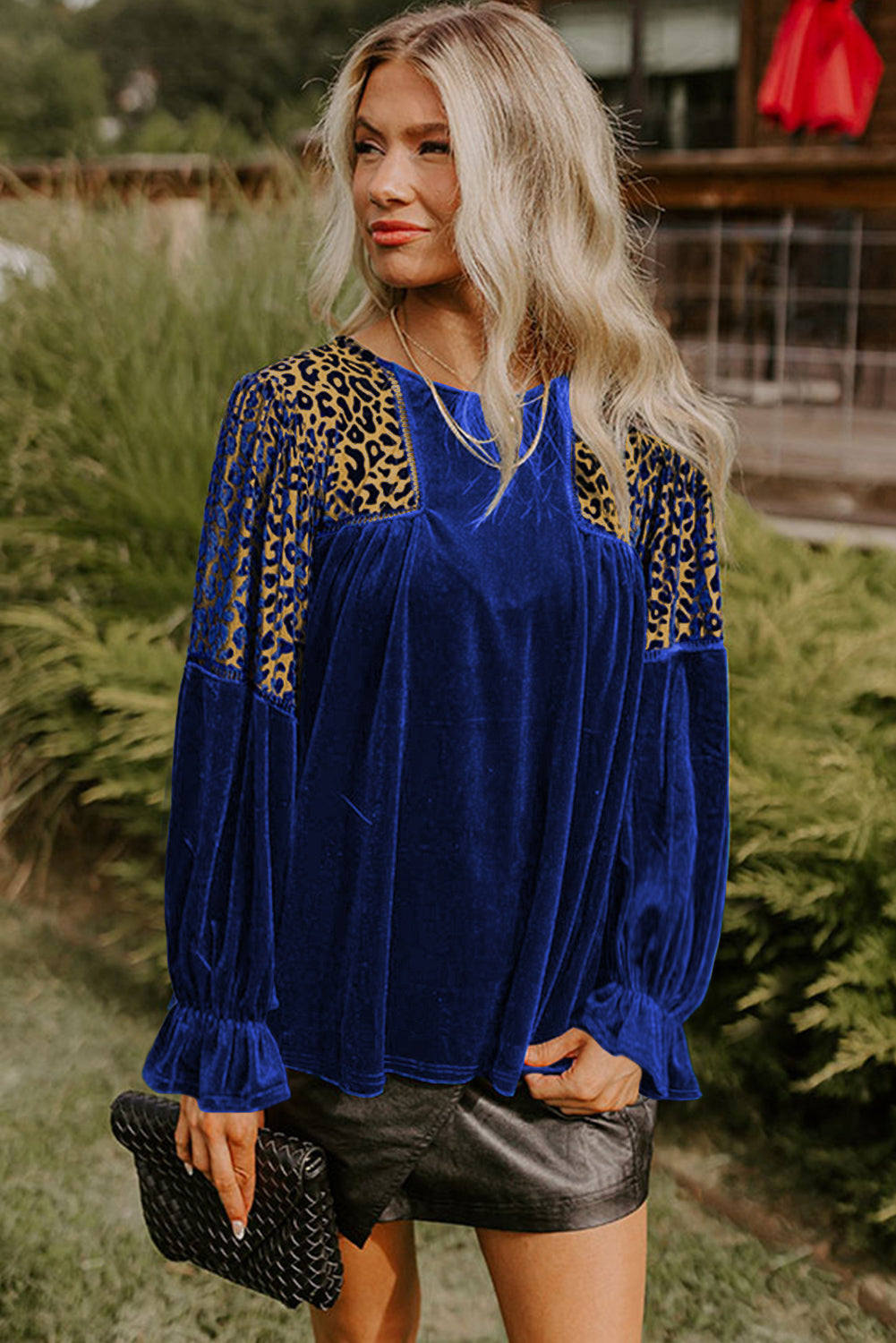 Sky Blue Leopard Patchwork Shoulder Flounce Sleeve Velvet Blouse-Tops/Blouses & Shirts-[Adult]-[Female]-2022 Online Blue Zone Planet