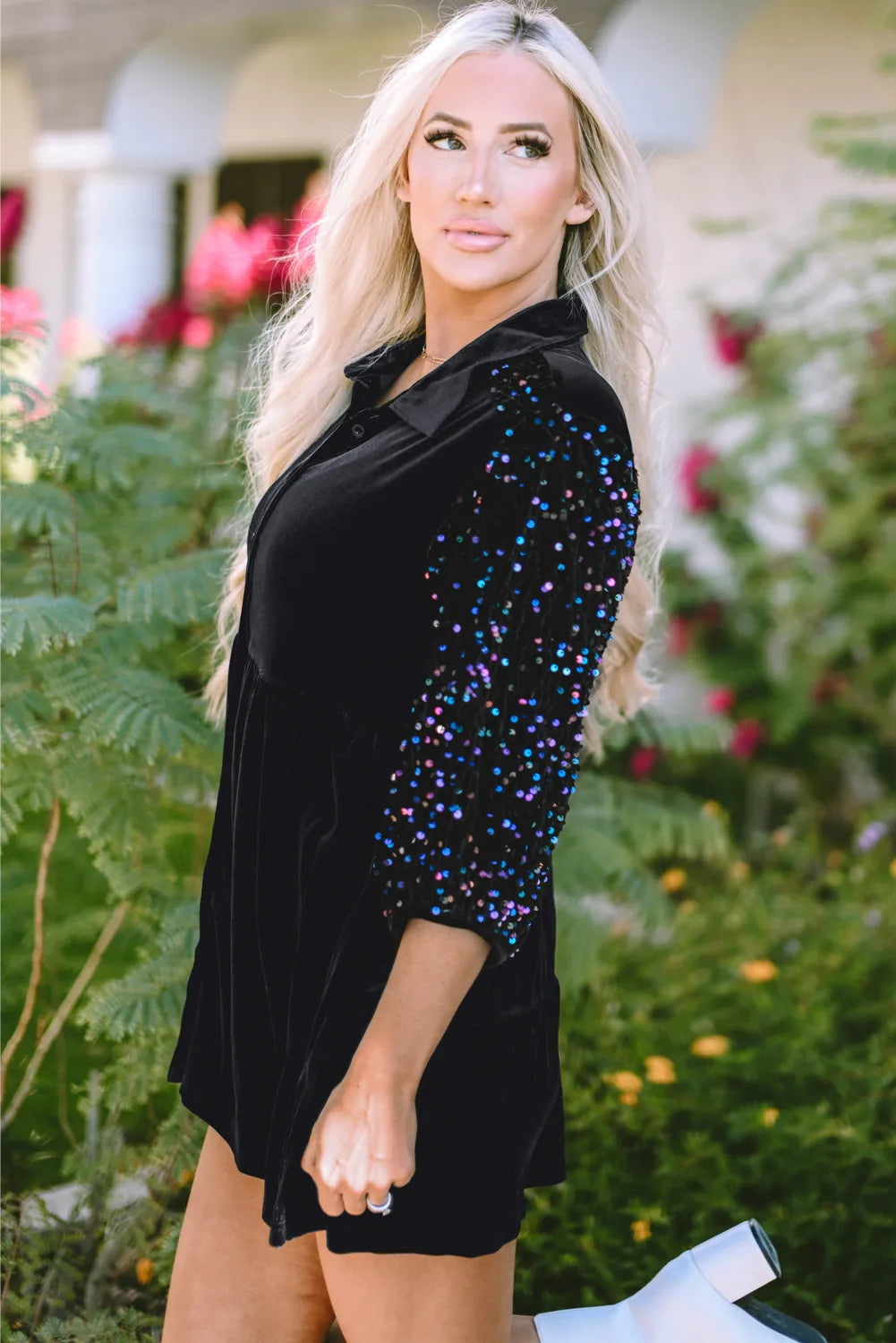 Sequin Collared Neck Three-Quarter Sleeve Oversize Shirt-TOPS / DRESSES-[Adult]-[Female]-2022 Online Blue Zone Planet