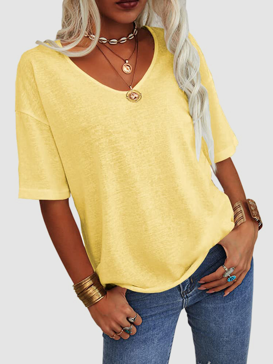 V-Neck Dropped Shoulder Half Sleeve T-Shirt-TOPS / DRESSES-[Adult]-[Female]-Yellow-S-2022 Online Blue Zone Planet