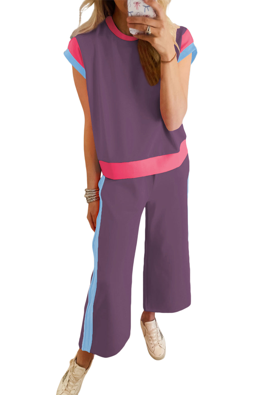 Valerian Color Block Detail Casual Two-piece Set-Two Piece Sets/Pant Sets-[Adult]-[Female]-2022 Online Blue Zone Planet