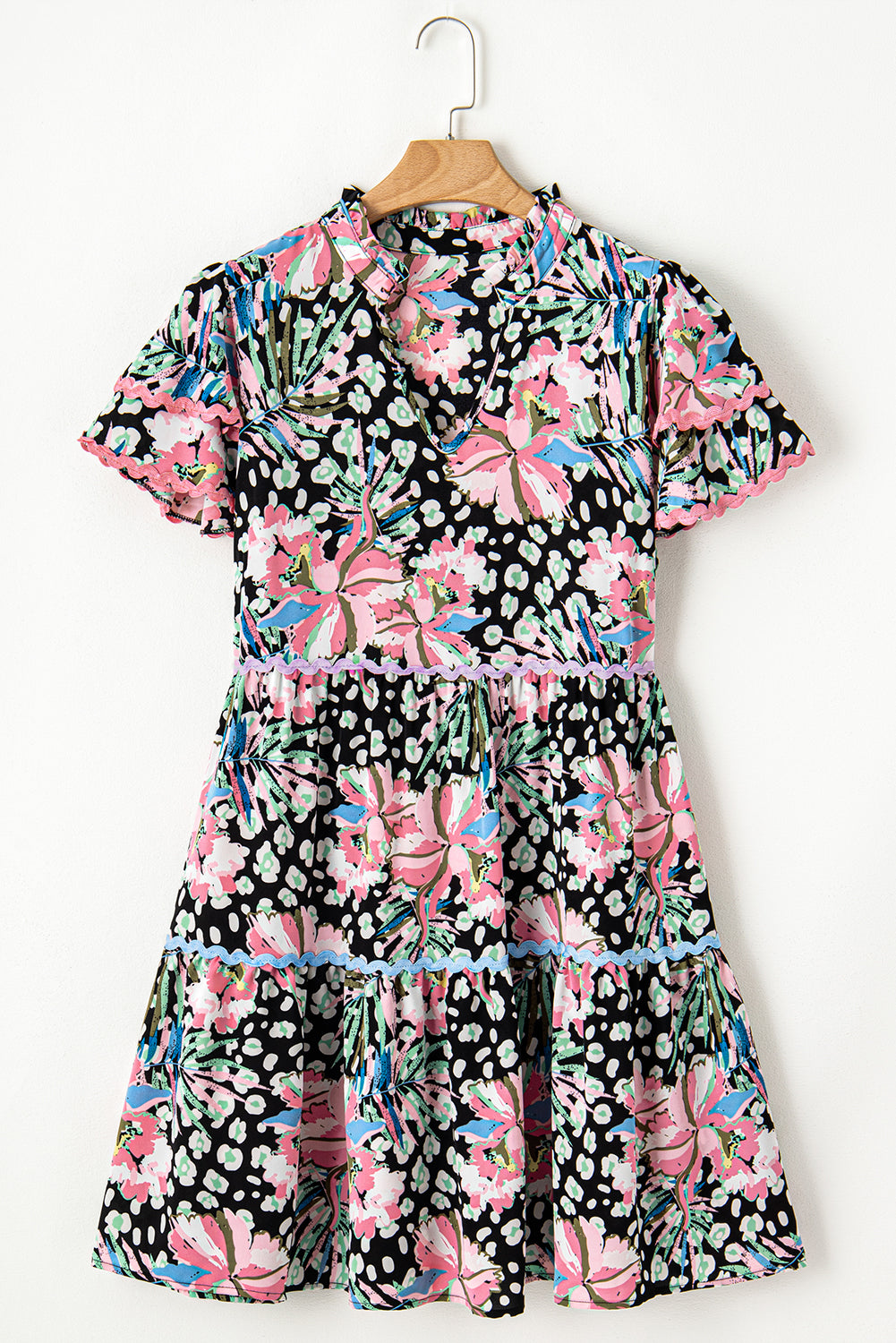 Blue Zone Planet | Multicolour Ric-rac Trim Short Sleeve Flared Plus Size Floral Dress-TOPS / DRESSES-[Adult]-[Female]-2022 Online Blue Zone Planet