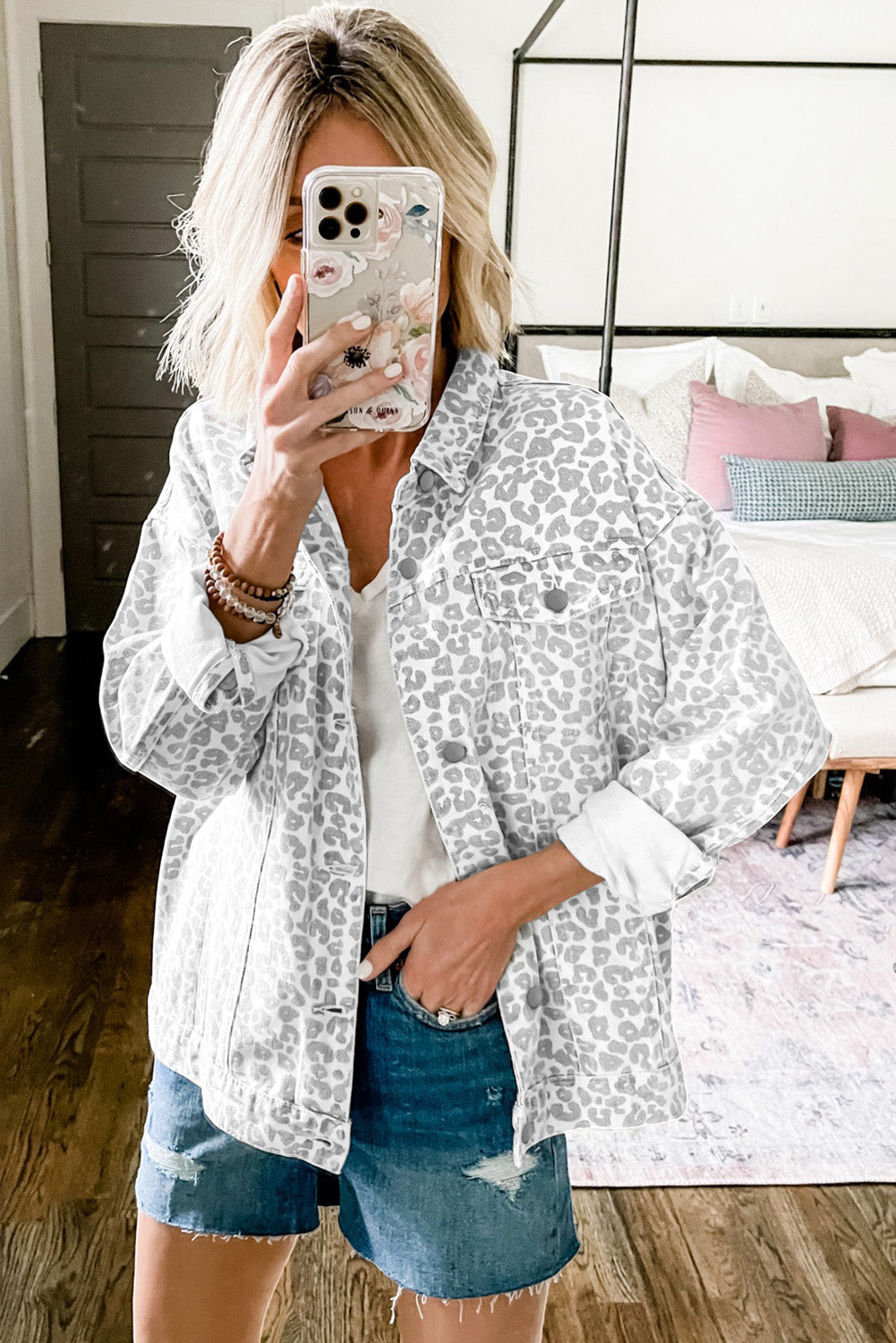 Blue Zone Planet | White Leopard Printed Flap Pocket Denim Jacket-Outerwear/Denim jackets-[Adult]-[Female]-2022 Online Blue Zone Planet