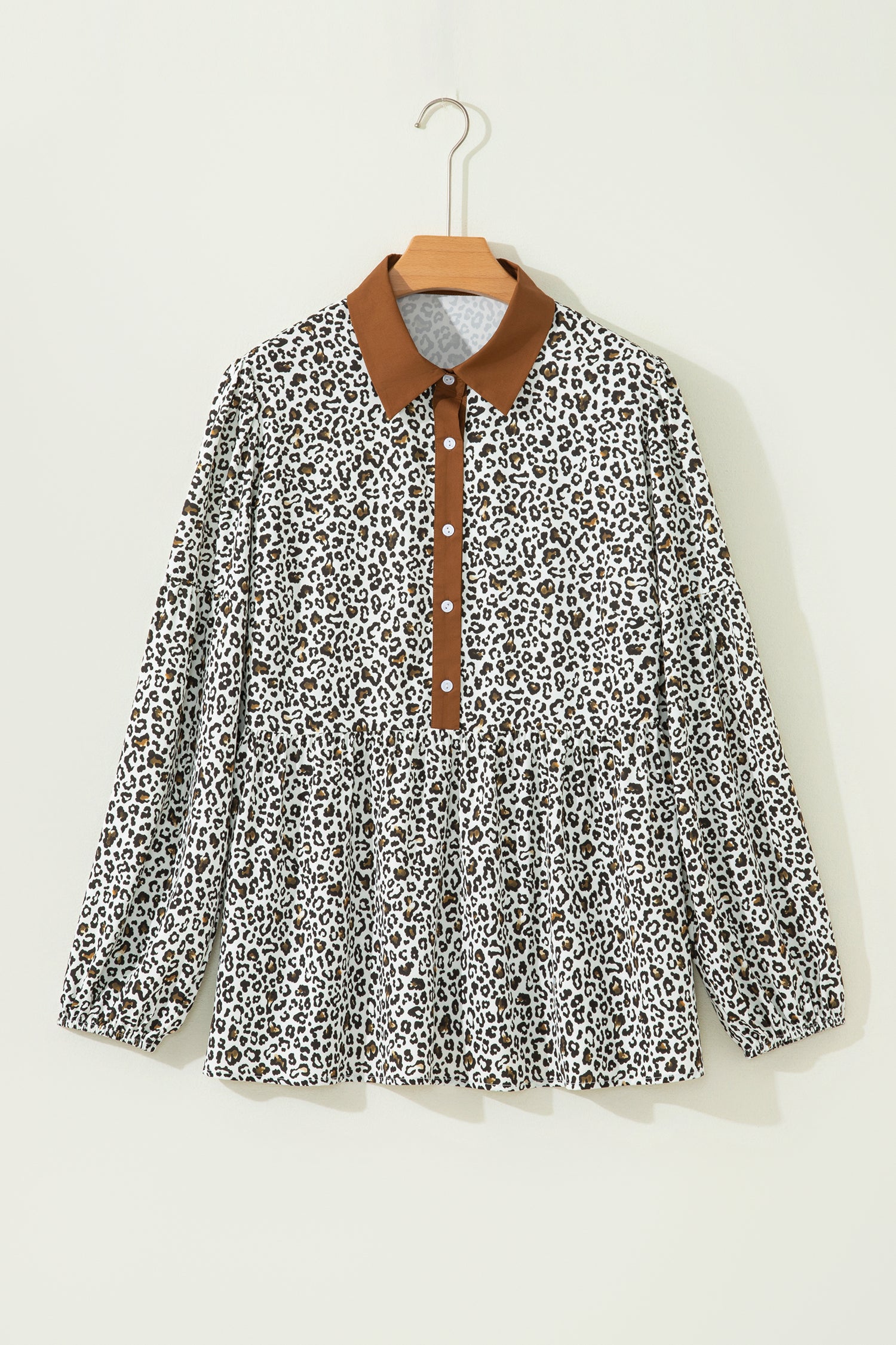 Khaki Plus Size Buttoned Contrast Trim Puff Sleeve Leopard Print Blouse-Plus Size/Plus Size Tops/Plus Size Blouses & Shirts-[Adult]-[Female]-2022 Online Blue Zone Planet