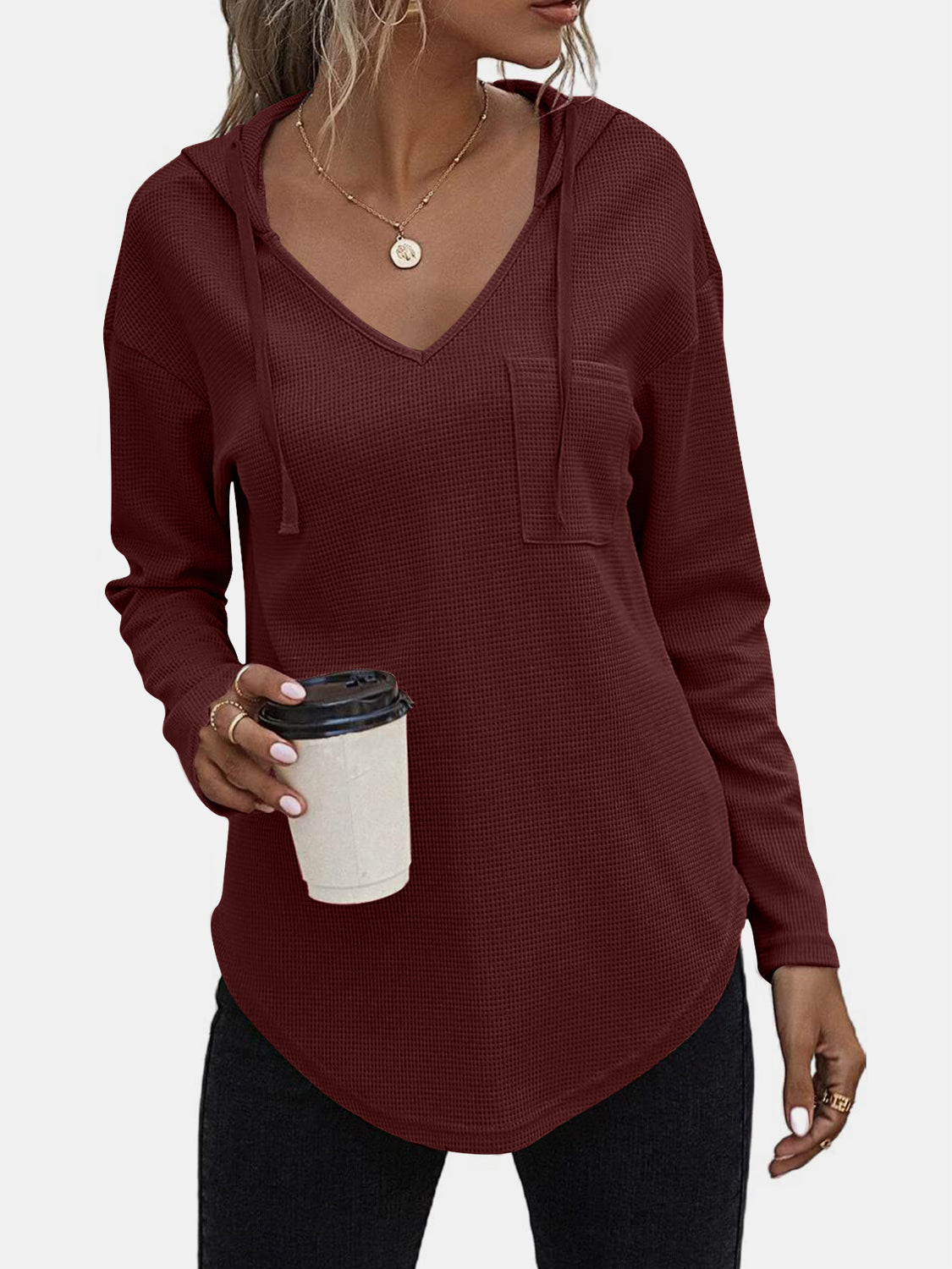 Drawstring Waffle Knit Long Sleeve Hooded Top-TOPS / DRESSES-[Adult]-[Female]-Burgundy-S-2022 Online Blue Zone Planet