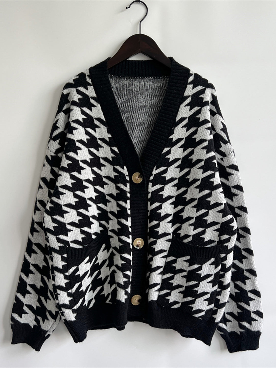 Houndstooth Botton Front Cardigan with Pockets-TOPS / DRESSES-[Adult]-[Female]-2022 Online Blue Zone Planet