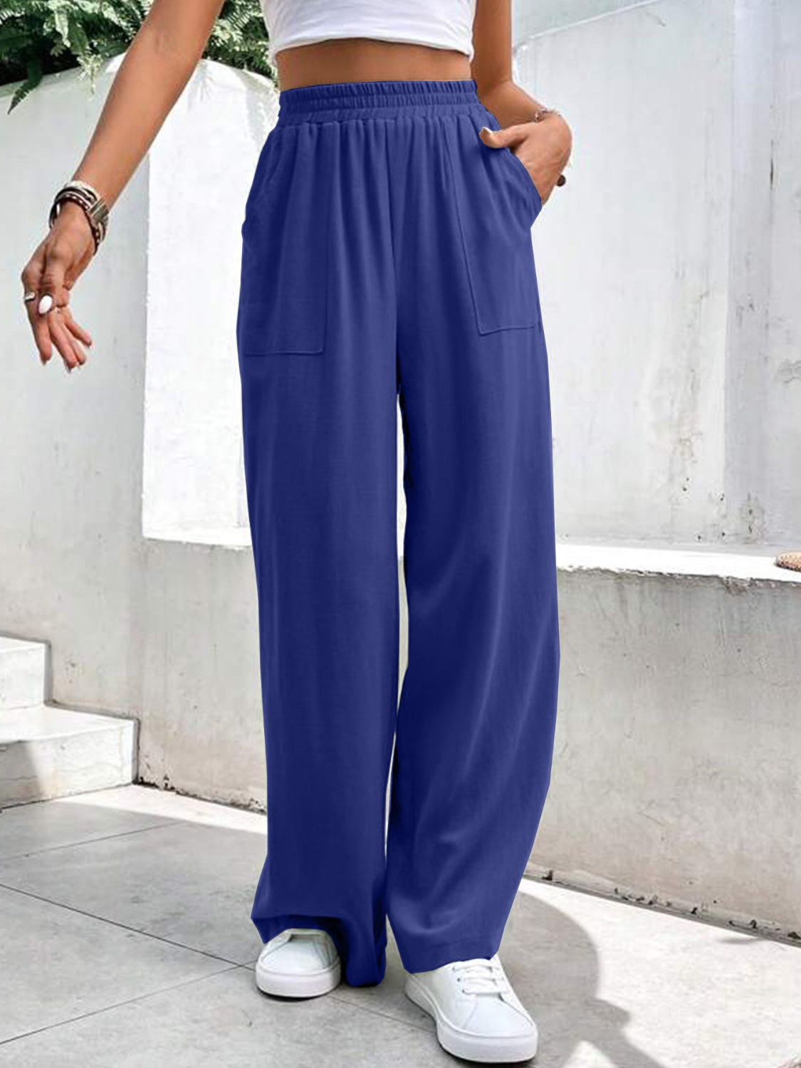 High Waist Wide Leg Pants with Pockets-[Adult]-[Female]-Royal Blue-S-2022 Online Blue Zone Planet