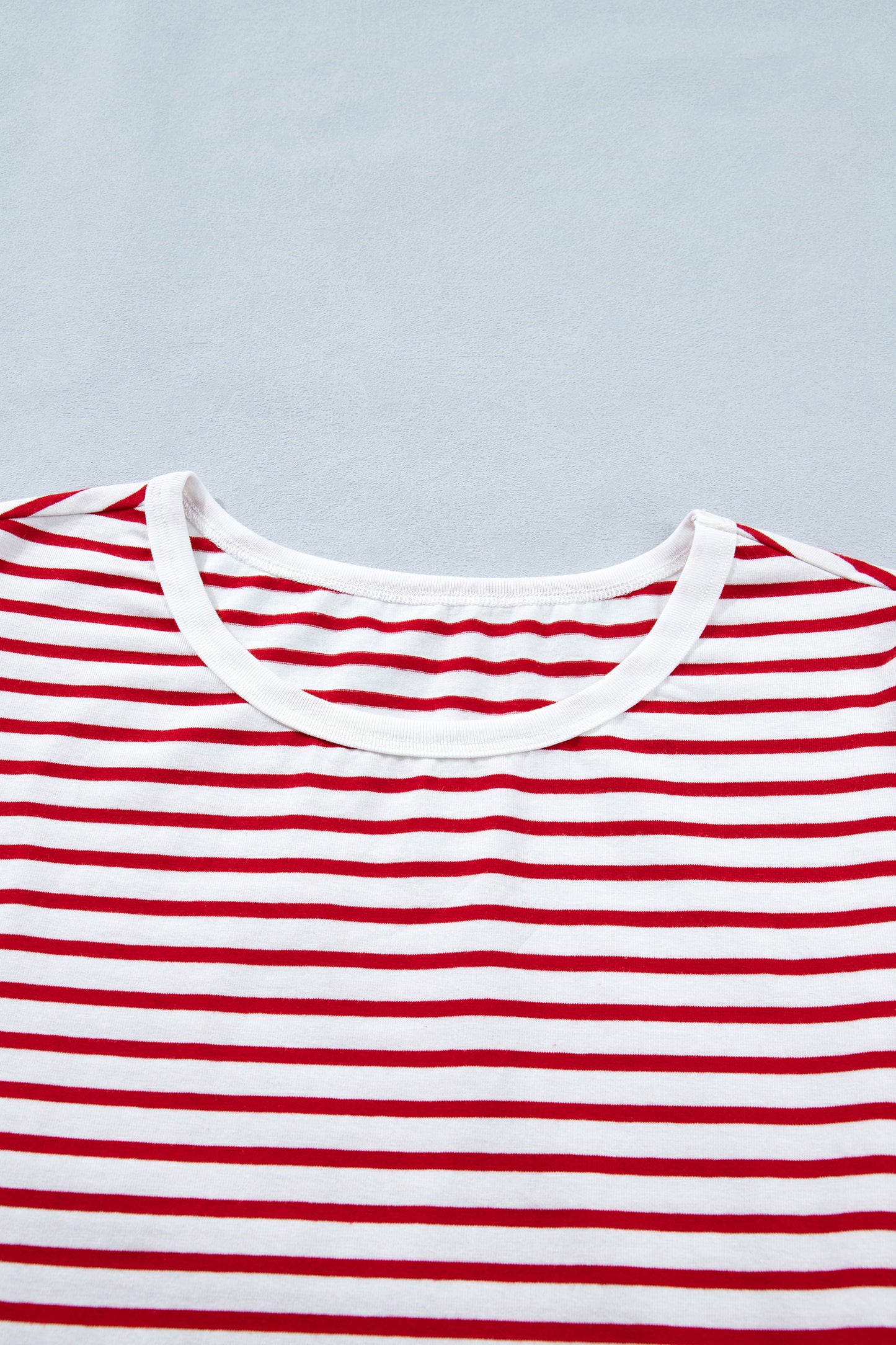 Red Stripe Contrast Trim Round Neck Short Puff Sleeve T Shirt-Tops/Tops & Tees-[Adult]-[Female]-2022 Online Blue Zone Planet