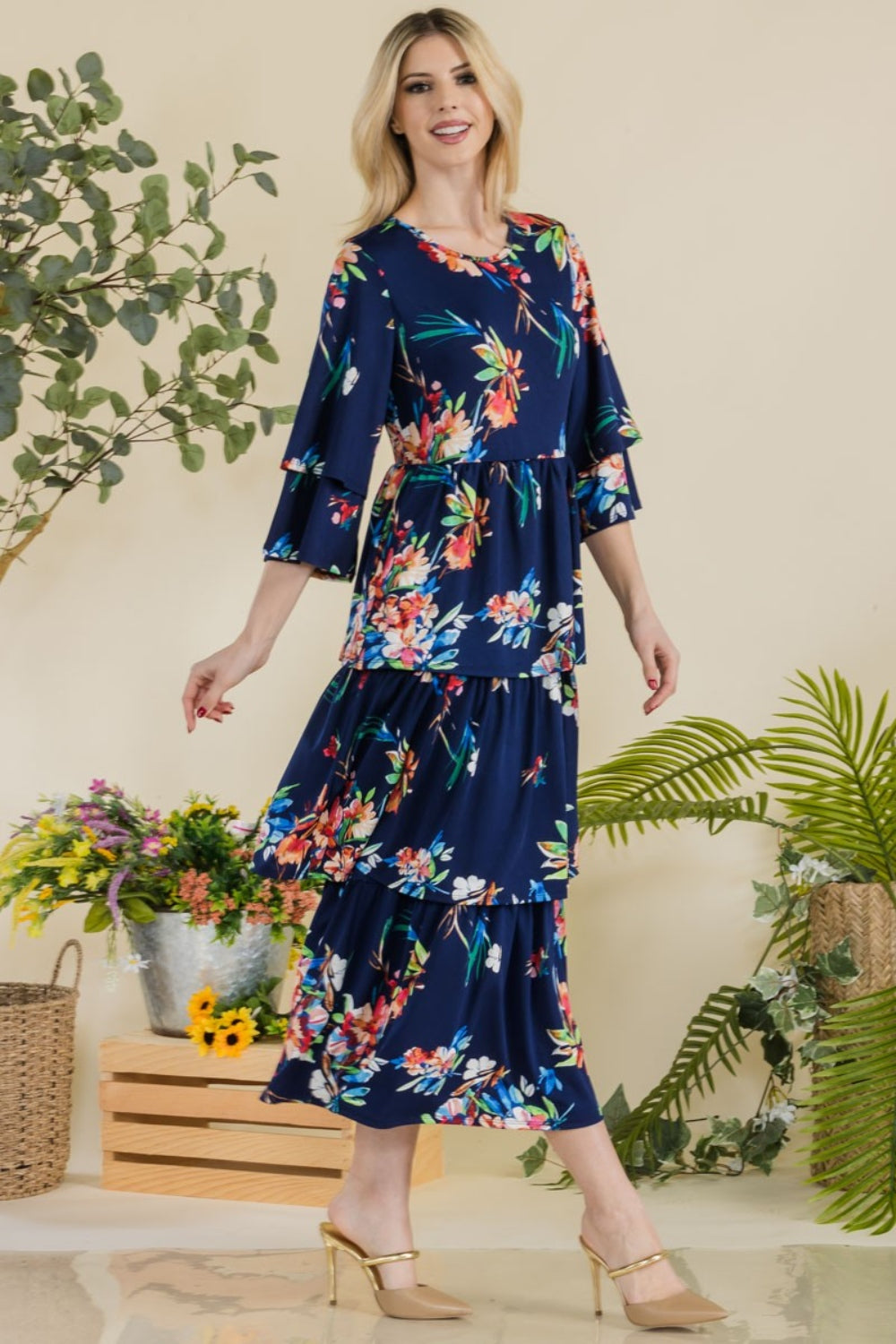 Celeste Full Size Floral Ruffle Tiered Midi Dress-TOPS / DRESSES-[Adult]-[Female]-2022 Online Blue Zone Planet