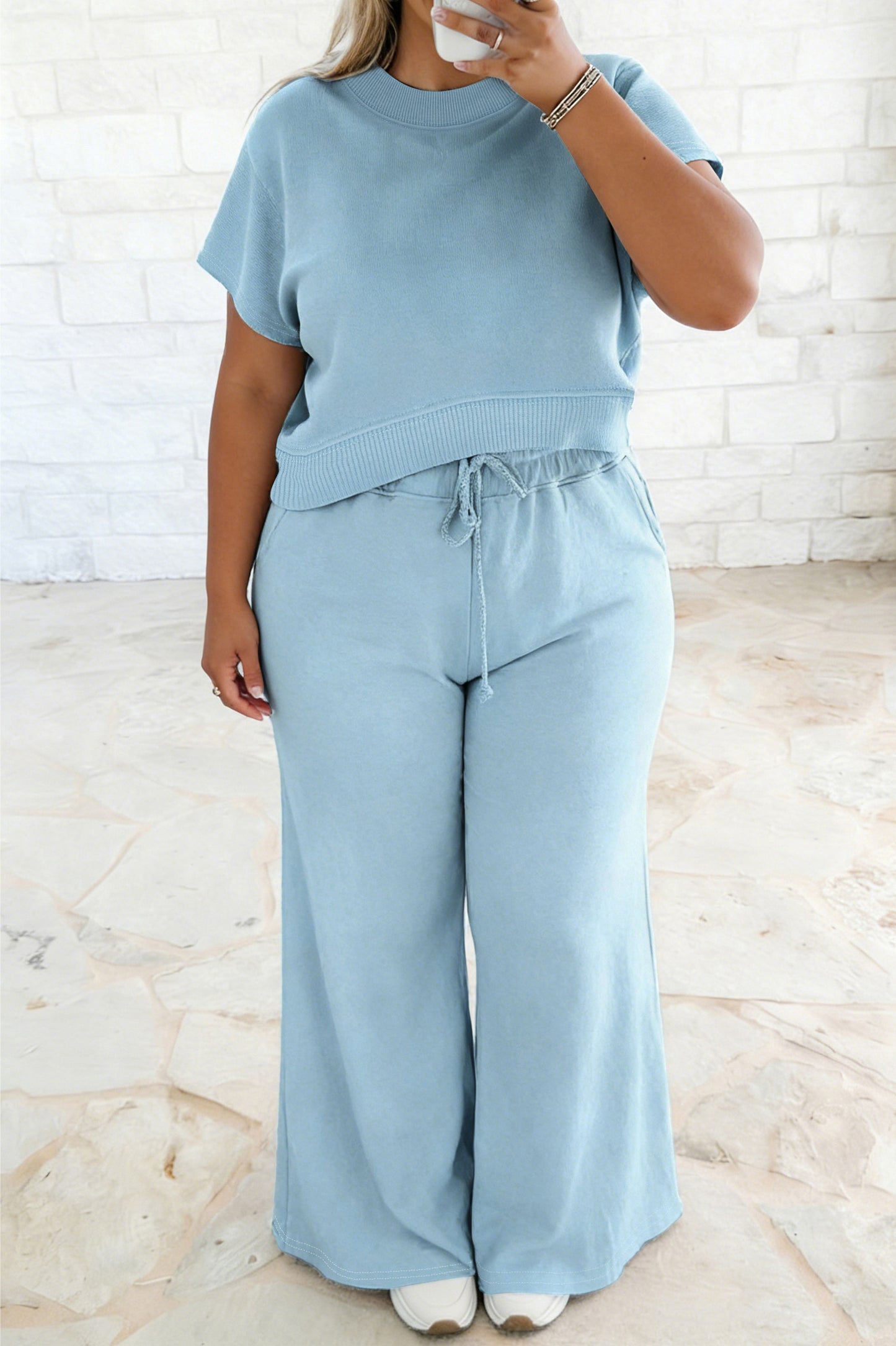 Clearly Aqua Solid Color Ribbed Trim Short Sleeve Top Drawstring Loose Pants 2pcs Outfit-Plus Size/Plus Size Loungewear-[Adult]-[Female]-Mist Blue-1X-2022 Online Blue Zone Planet