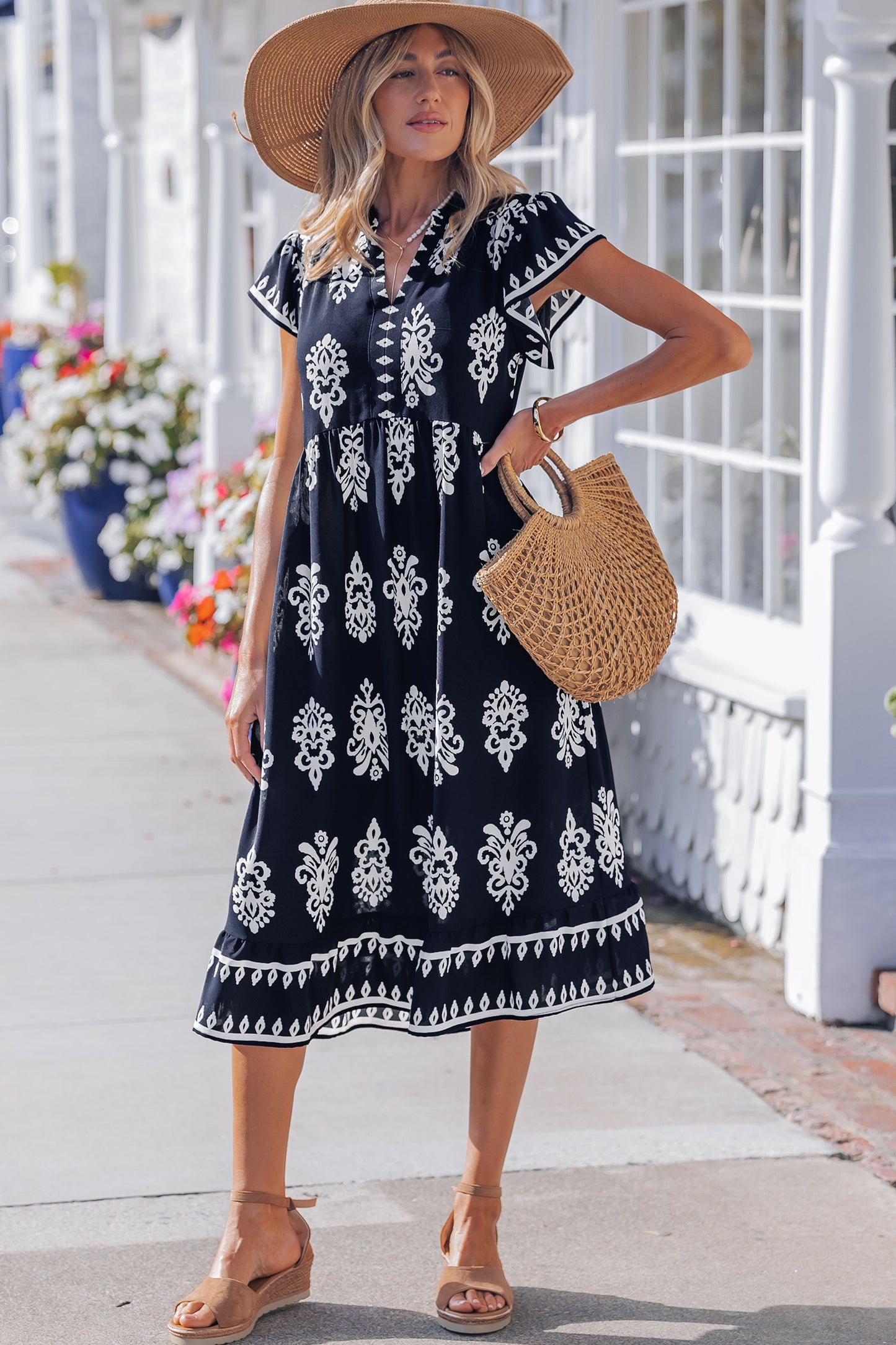 Blue Western Ethnic Print Notched Neck Short Sleeve Midi Dress-TOPS / DRESSES-[Adult]-[Female]-2022 Online Blue Zone Planet