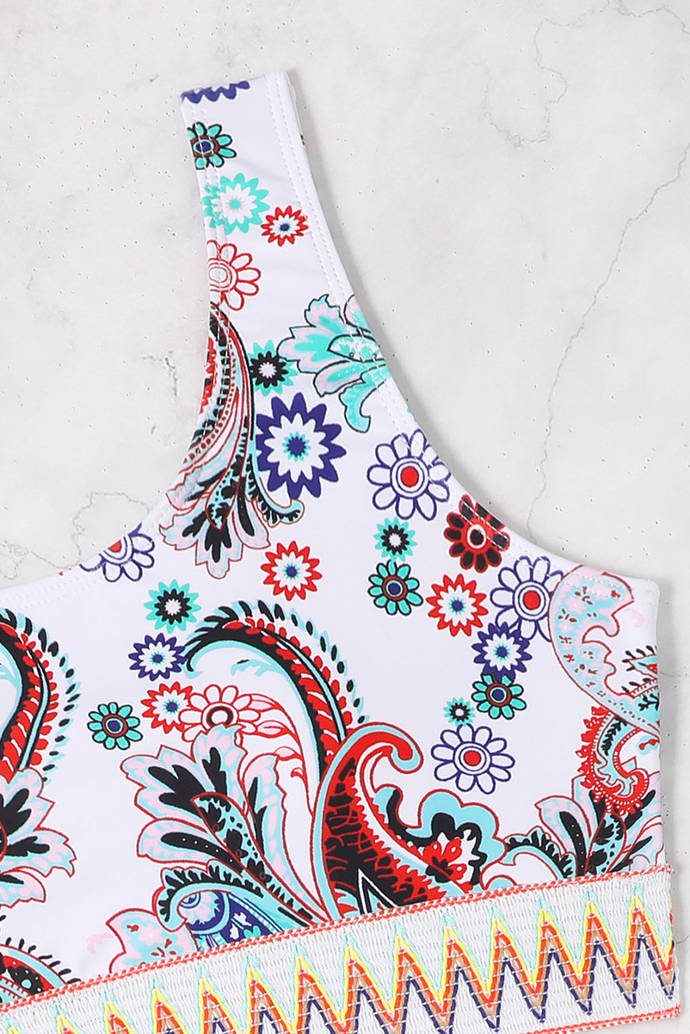 White Boho Paisley Contrast Trimmed One-shoulder Bikini-Swimwear/Bikinis-[Adult]-[Female]-2022 Online Blue Zone Planet