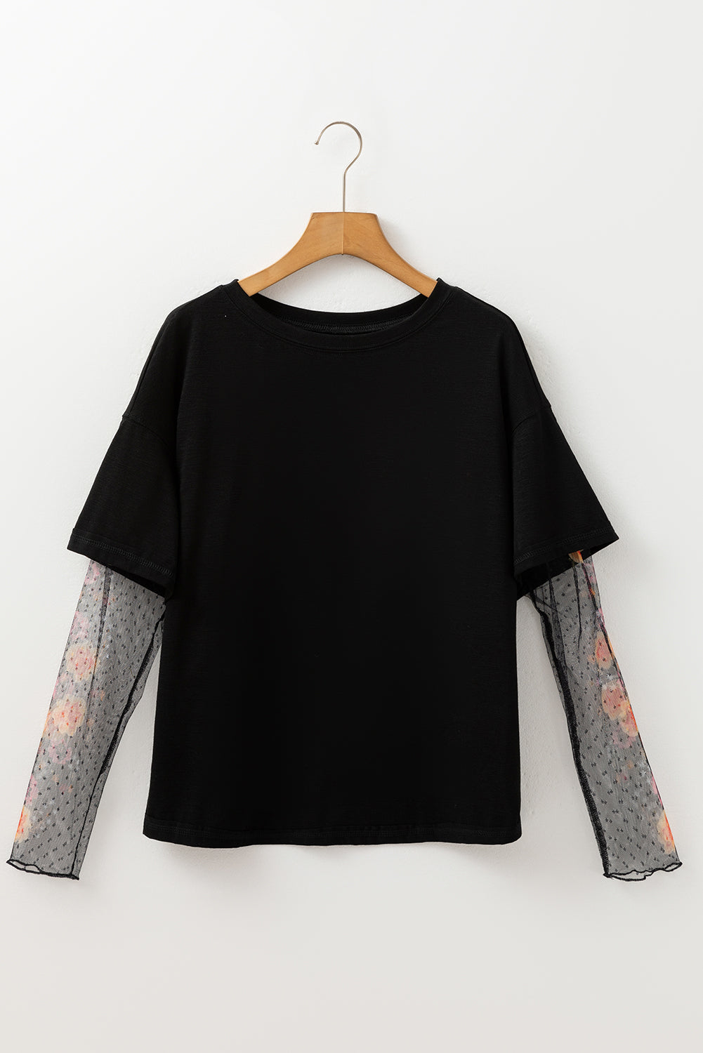 Blue Zone Planet | Black Faux Two Piece Floral Long Sleeve Patchwork Tee-Tops/Long Sleeve Tops-[Adult]-[Female]-2022 Online Blue Zone Planet