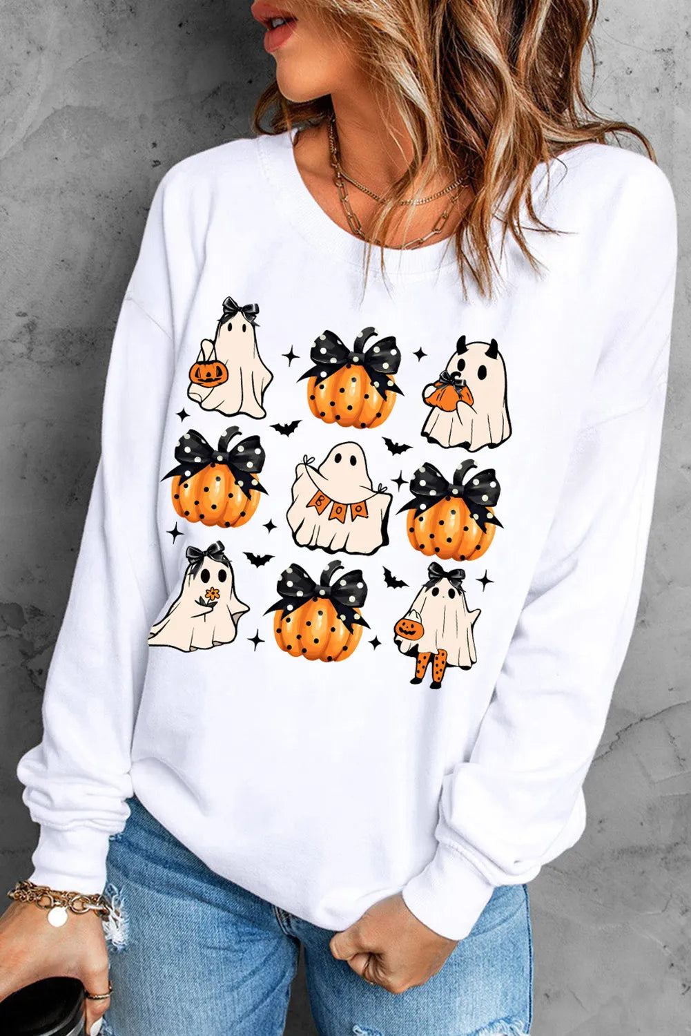 Pumpkin & Ghost Round Neck Long Sleeve Sweatshirt-TOPS / DRESSES-[Adult]-[Female]-2022 Online Blue Zone Planet