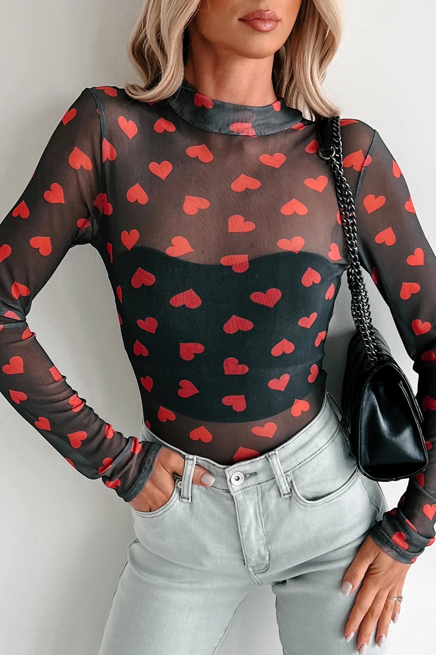 Black Valentines Heart Printed Sheer Mesh Long Sleeve Top-Tops/Long Sleeve Tops-[Adult]-[Female]-2022 Online Blue Zone Planet