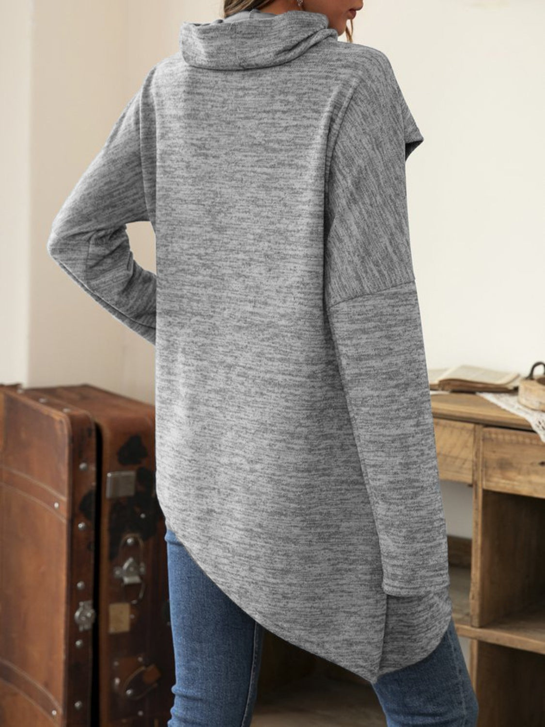 Asymmetrical Hem Cowl Neck Long Sleeve T-Shirt-TOPS / DRESSES-[Adult]-[Female]-2022 Online Blue Zone Planet