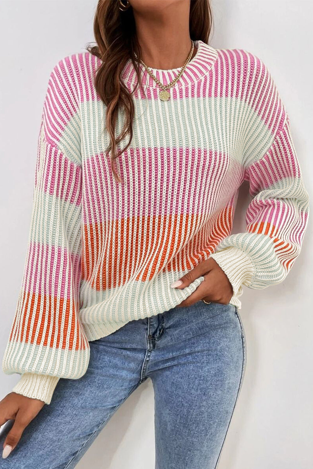 Pink Colorblock Textured Knit Bubble Sleeve Sweater-Sweaters & Cardigans/Sweaters-[Adult]-[Female]-Pink-S-2022 Online Blue Zone Planet