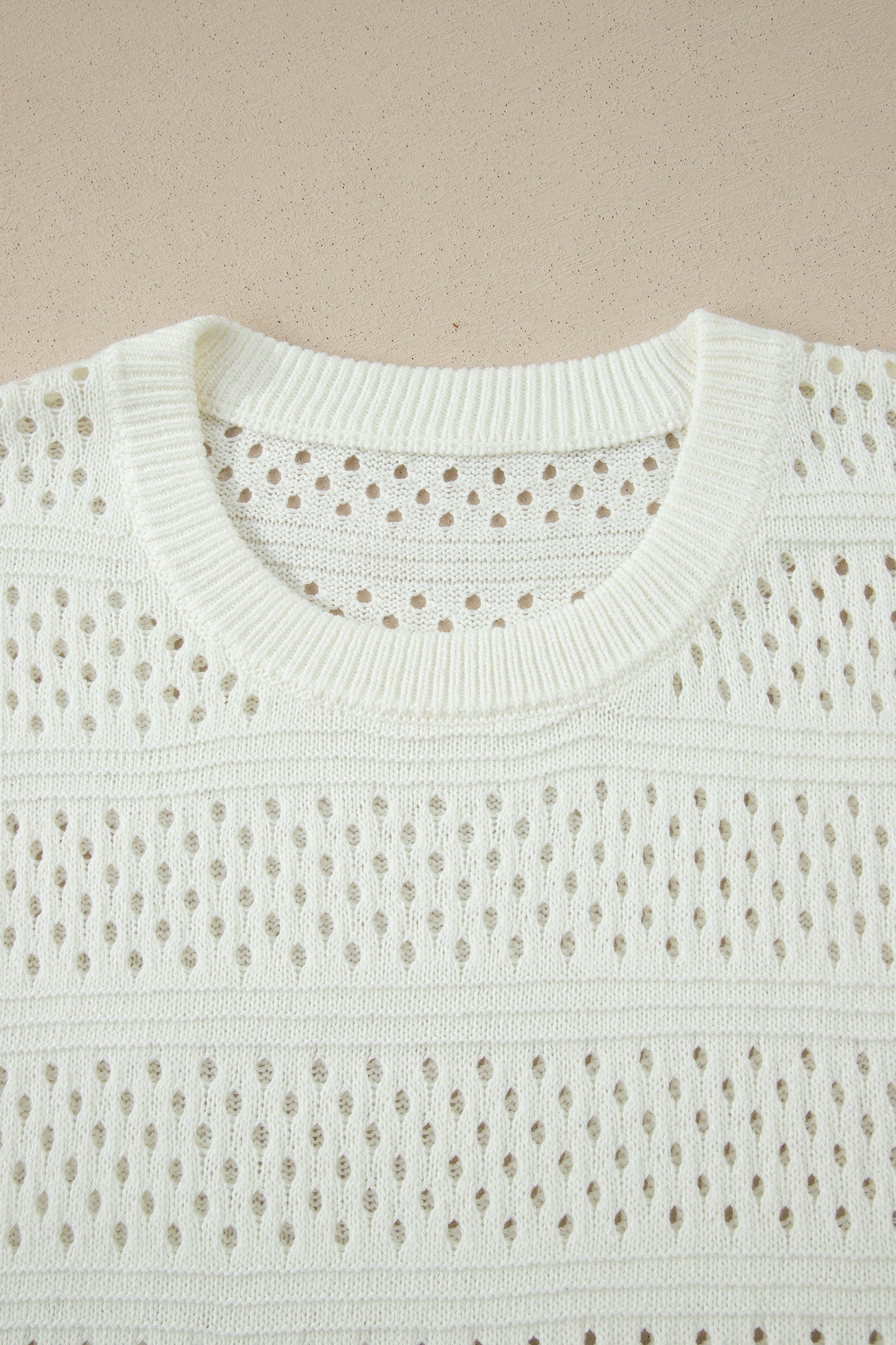 White Plus Size Eyelet Hollow Out Knit Ribbed Trim Short Sleeve Dolman Sweater-Plus Size/Plus Size Sweaters & Cardigans-[Adult]-[Female]-2022 Online Blue Zone Planet