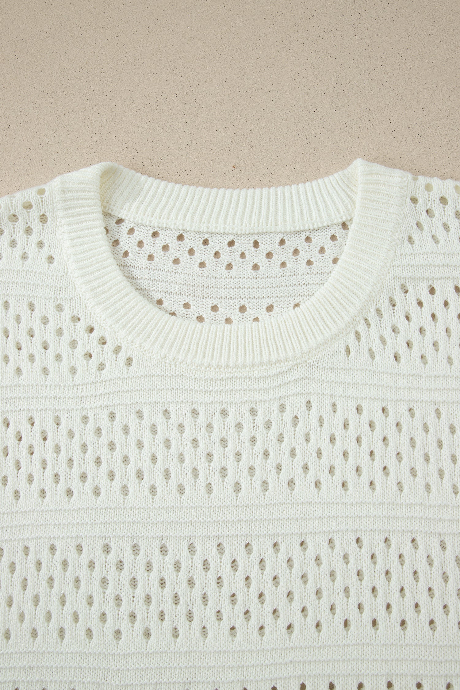 White Plus Size Eyelet Hollow Out Knit Ribbed Trim Short Sleeve Dolman Sweater-Plus Size/Plus Size Sweaters & Cardigans-[Adult]-[Female]-2022 Online Blue Zone Planet