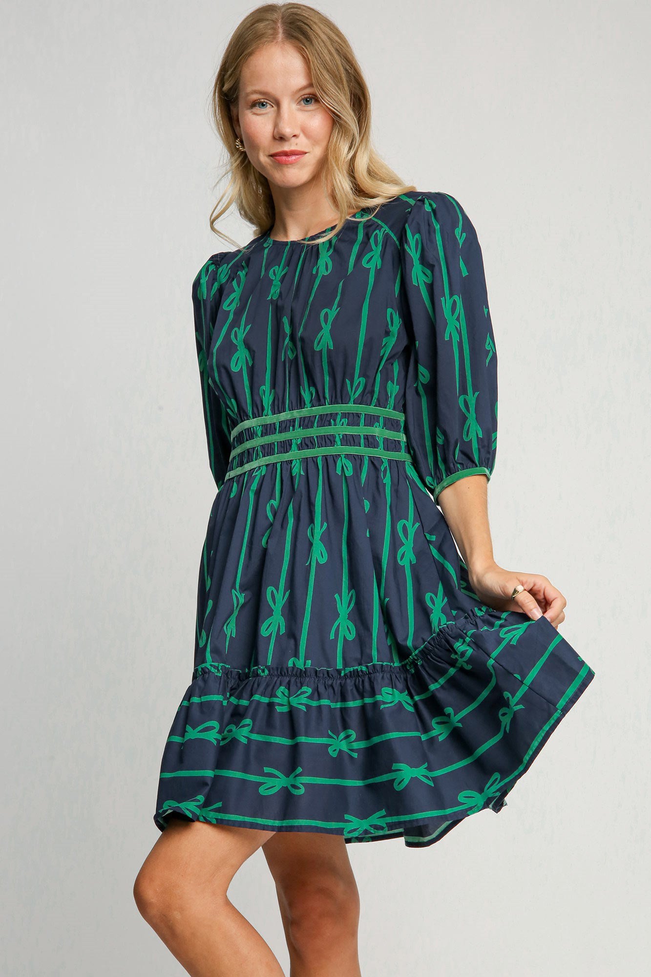 Umgee Ribbon Print Frill Contrast Velvet Trim Half Sleeve Dress-TOPS / DRESSES-[Adult]-[Female]-Navy-S-2022 Online Blue Zone Planet