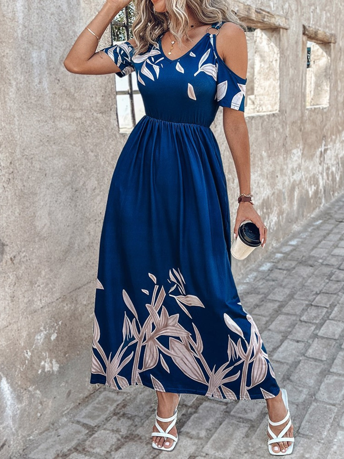 Blue Zone Planet | Printed Cold Shoulder Short Sleeve Maxi Dress-TOPS / DRESSES-[Adult]-[Female]-2022 Online Blue Zone Planet