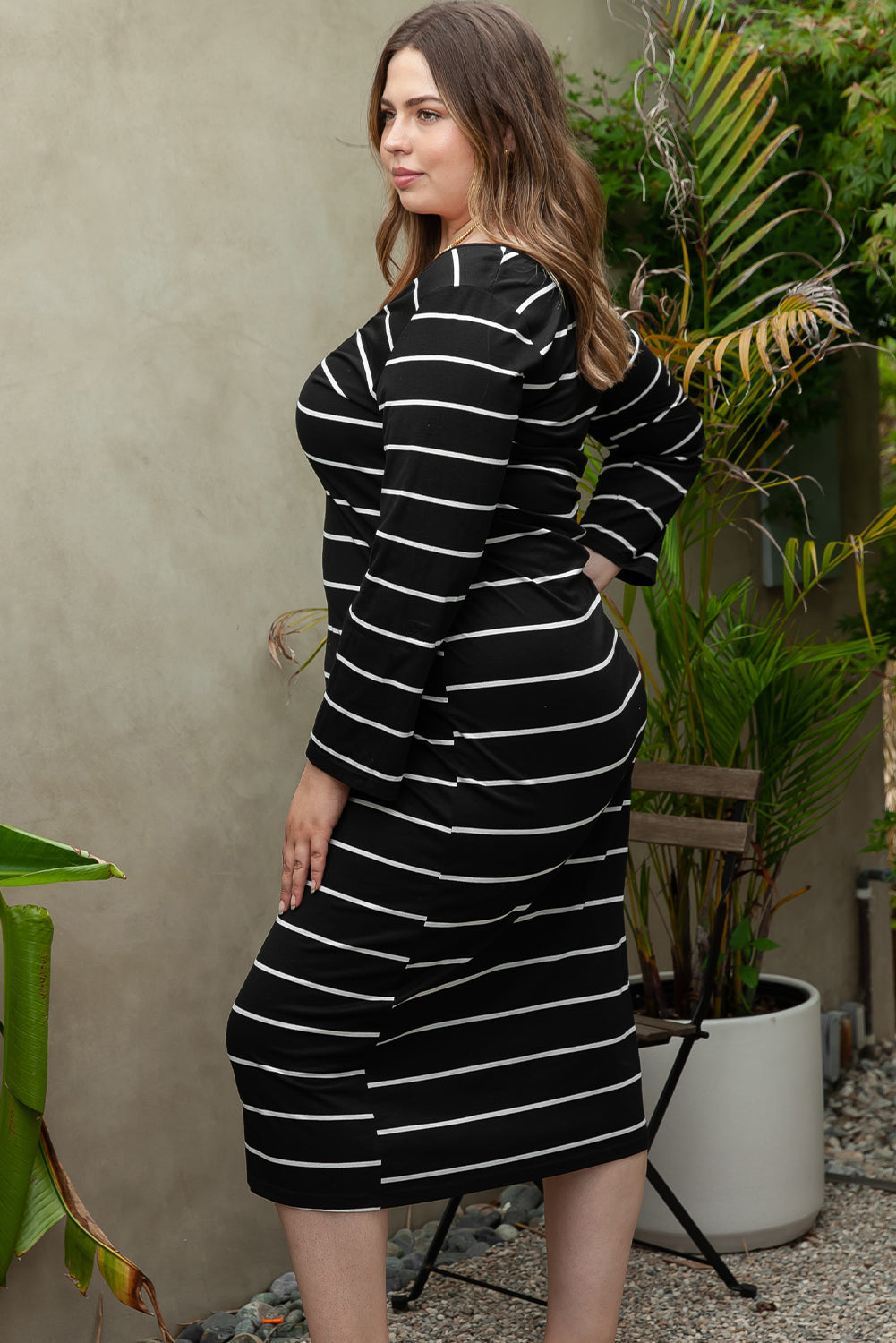 Blue Zone Planet | Black Plus Size Striped Loose Long Shift Dress-TOPS / DRESSES-[Adult]-[Female]-2022 Online Blue Zone Planet