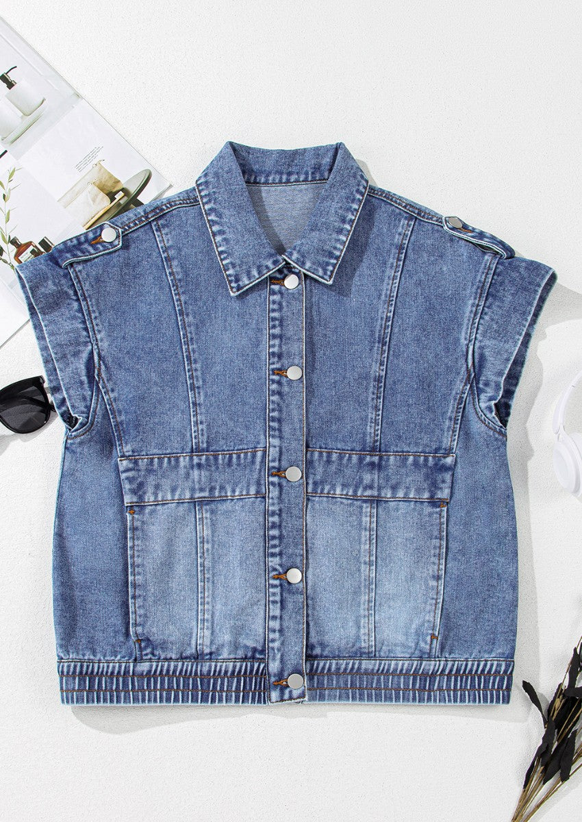 Button Up Cap Sleeve Denim Jacket-TOPS / DRESSES-[Adult]-[Female]-2022 Online Blue Zone Planet