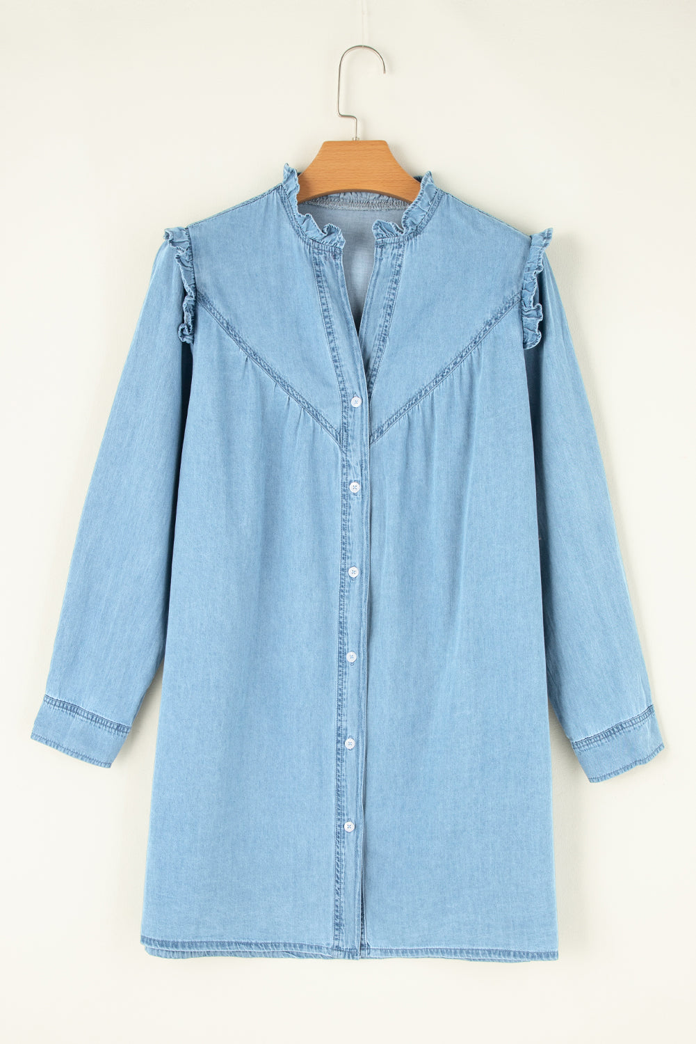 Blue Zone Planet | Myosotis Ruffled V Neck Buttoned Shift Denim Dress-TOPS / DRESSES-[Adult]-[Female]-2022 Online Blue Zone Planet