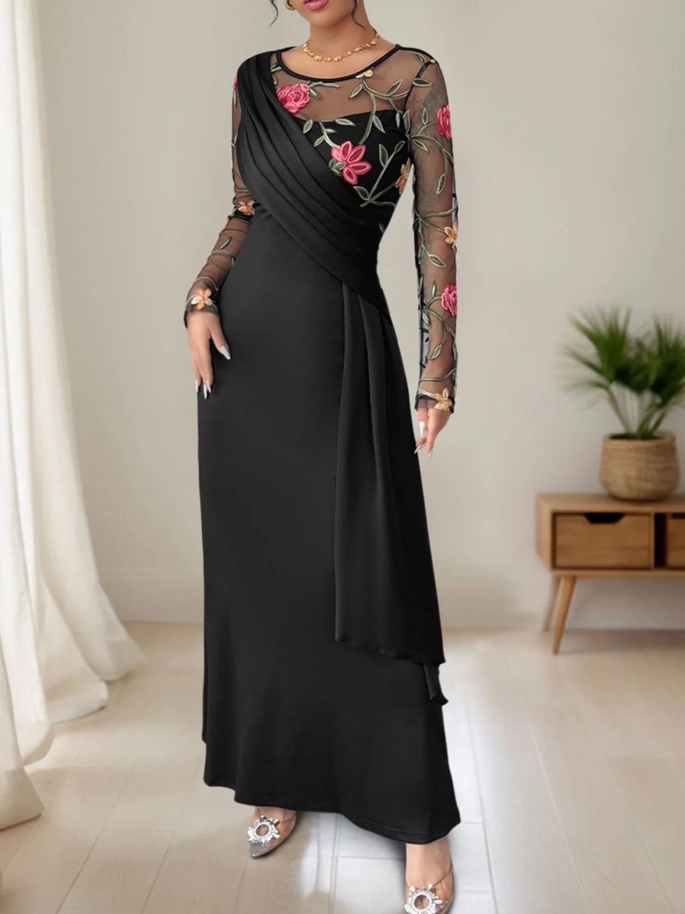 black floral mesh long sleeve maxi dress Ruched – Blue Zone Planet 颜色:Sky Blue 1970's Bohemian Ethnic Red refined finish at the artfashion