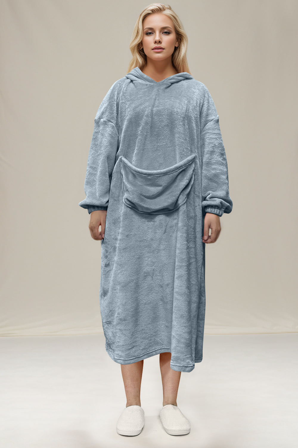 Blue Zone Planet | Double Take Full Size Pocketed Hooded Midi Lounge Dress-TOPS / DRESSES-[Adult]-[Female]-Pastel Blue-S/M-2022 Online Blue Zone Planet