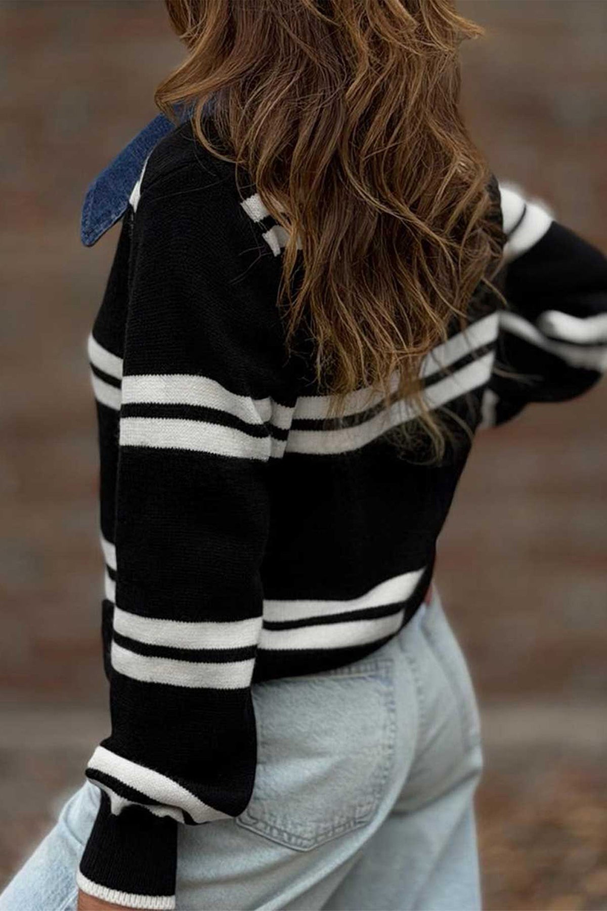 Black Stripe Denim Collar Patchwork Relaxed Knit Sweater-Sweaters & Cardigans/Sweaters-[Adult]-[Female]-2022 Online Blue Zone Planet