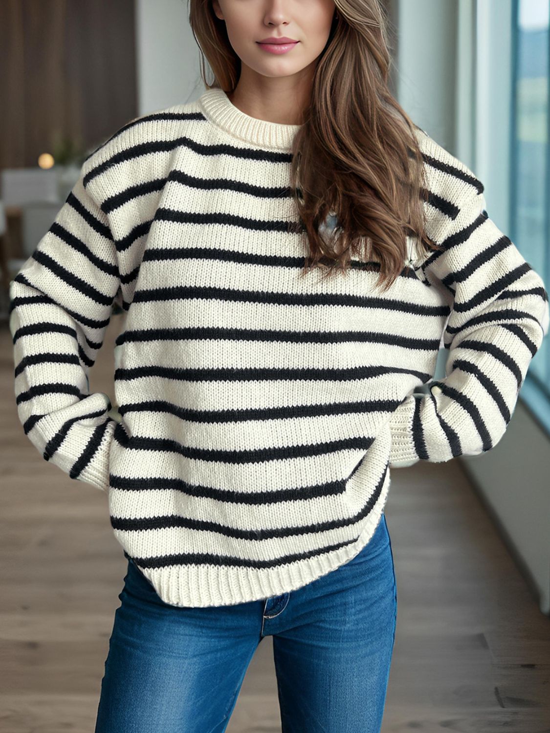 Blue Zone Planet | Striped Round Neck Long Sleeve Sweater-TOPS / DRESSES-[Adult]-[Female]-White-One Size-2022 Online Blue Zone Planet