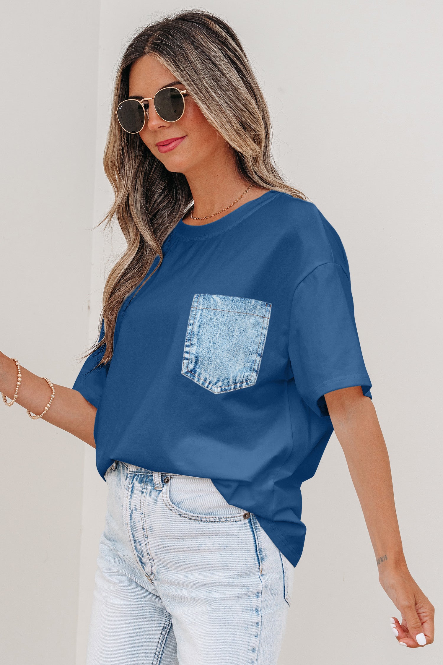 Sail Blue Color Block Chest Pocket Patched Casual Short Sleeve Top-Tops/Tops & Tees-[Adult]-[Female]-2022 Online Blue Zone Planet