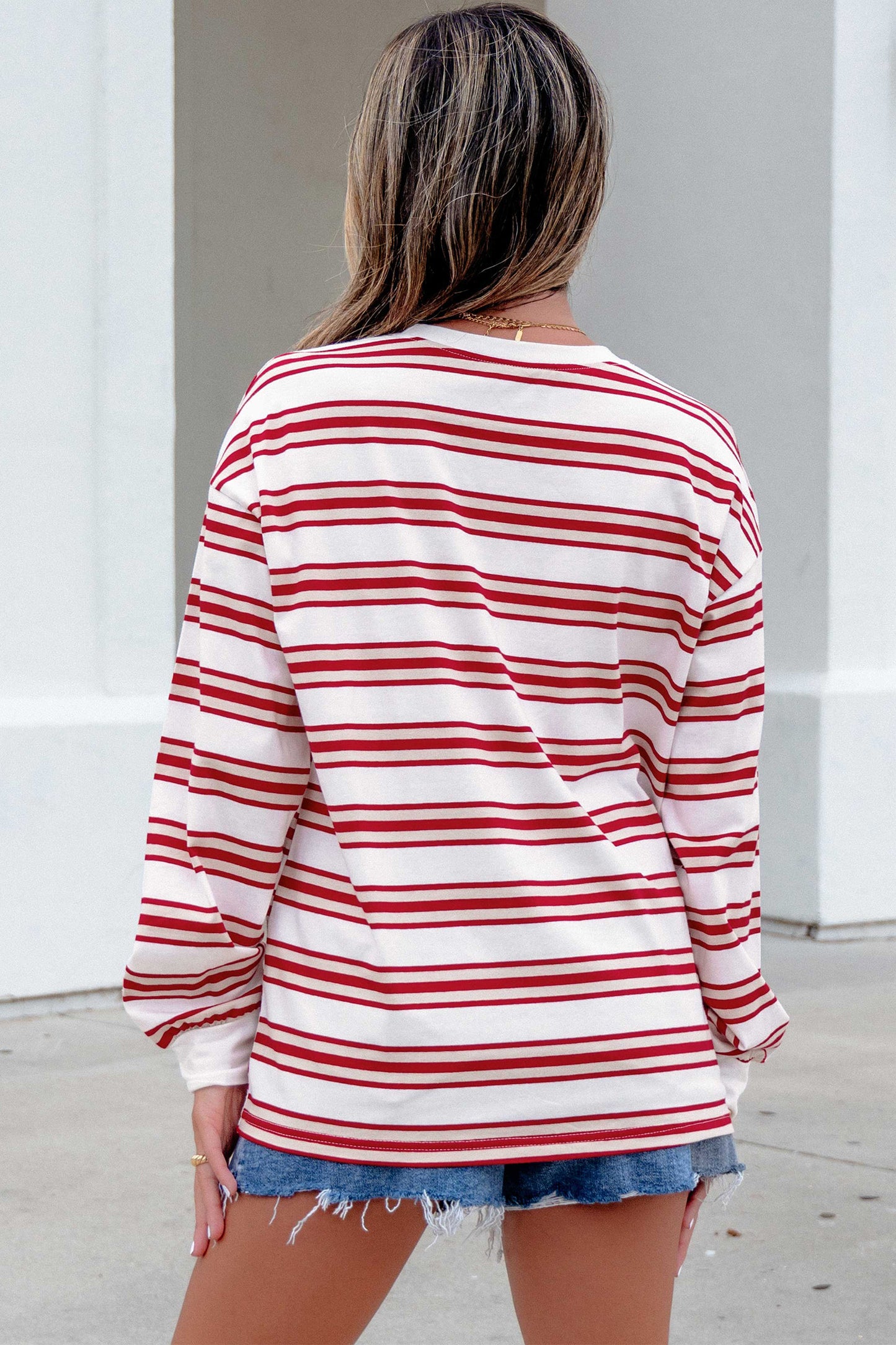 Red Stripe Dropped Shoulder Long Sleeve Casual Pullover Top-Tops/Long Sleeve Tops-[Adult]-[Female]-2022 Online Blue Zone Planet