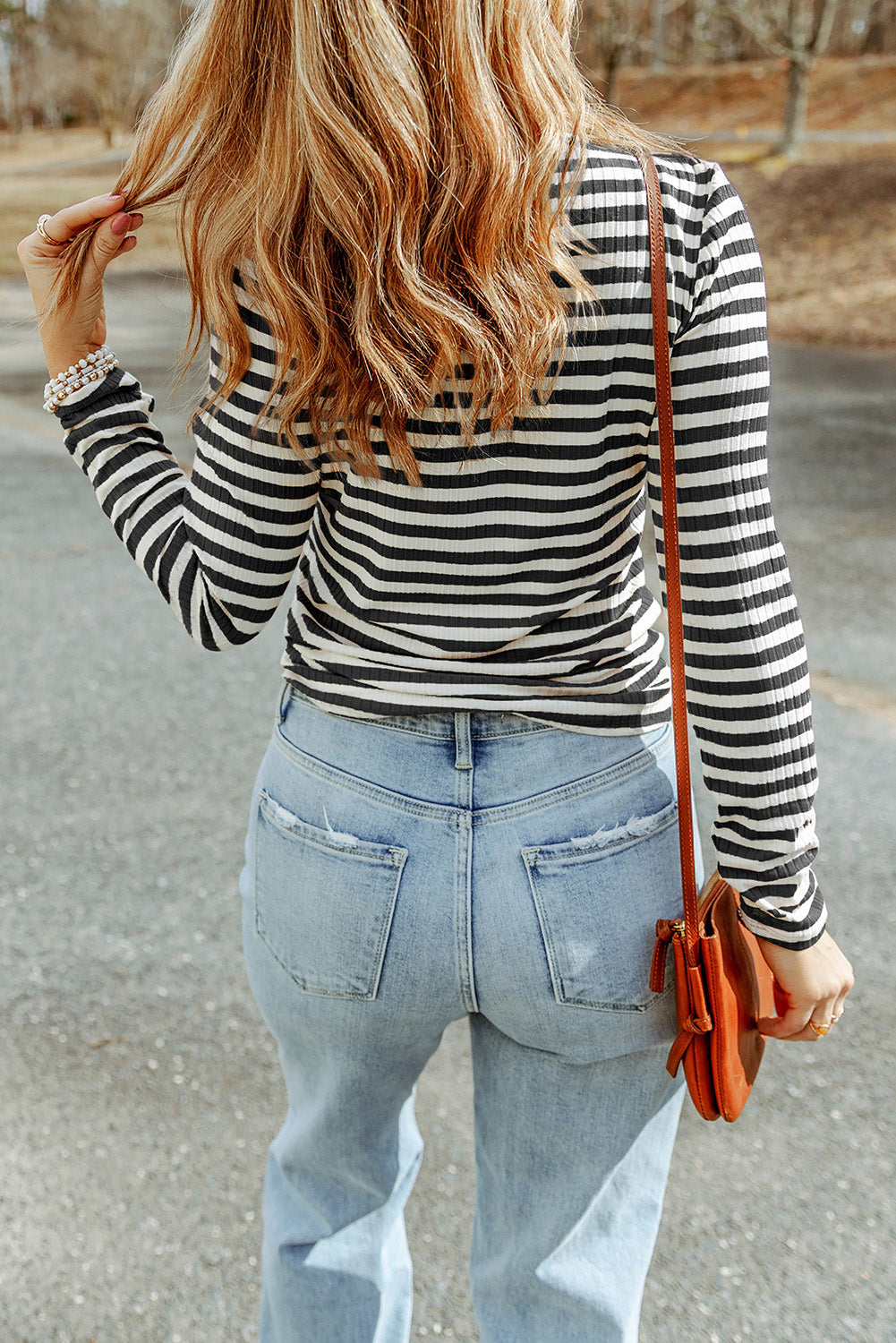 Striped Print Textured Knit Long Sleeve Tee-Tops/Long Sleeve Tops-[Adult]-[Female]-2022 Online Blue Zone Planet