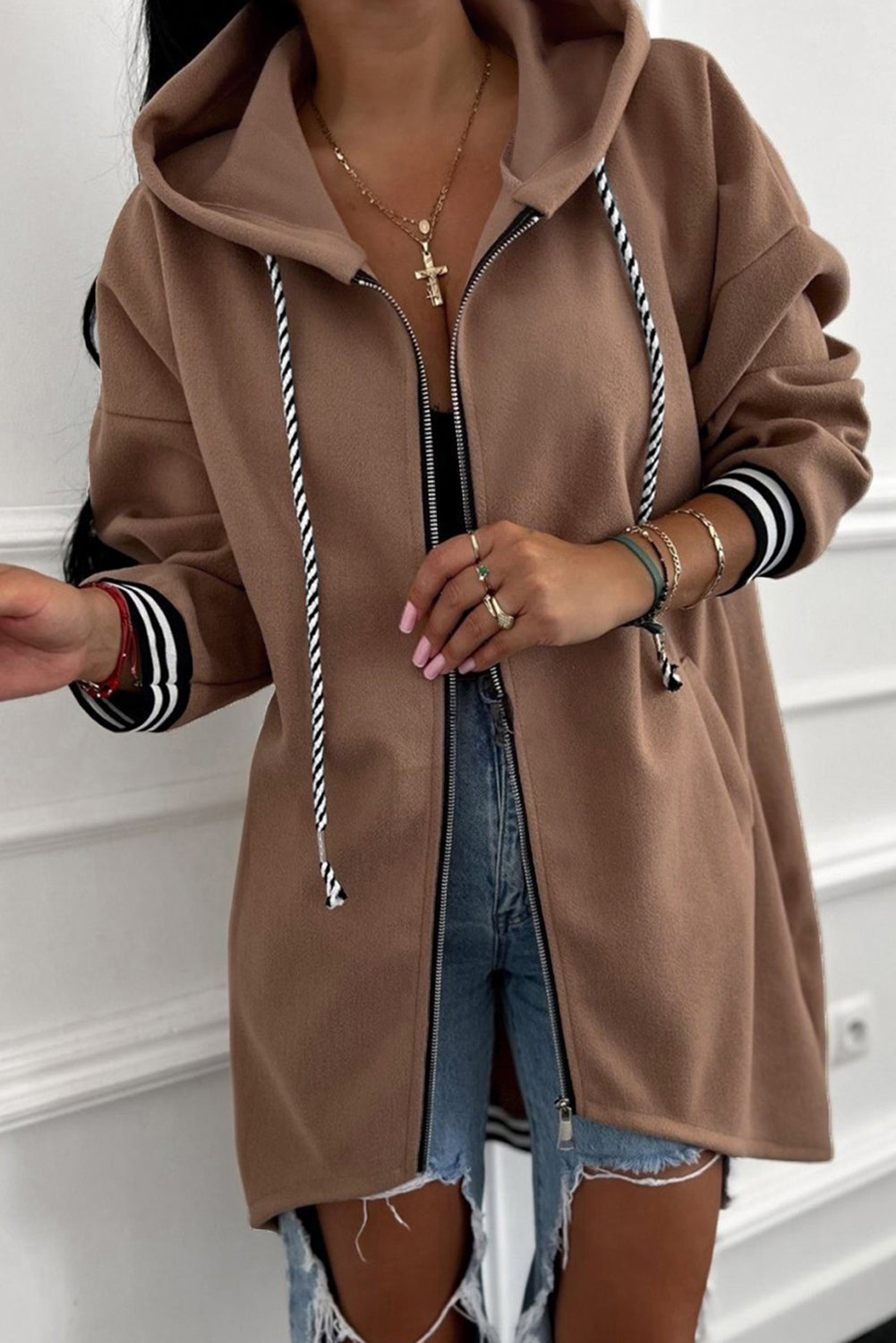 Four Leaf Clover Contrast Cuffed Drop Shoulder Zip up Tunic Hoodie-Tops/Sweatshirts & Hoodies-[Adult]-[Female]-Dark Khaki-S-2022 Online Blue Zone Planet