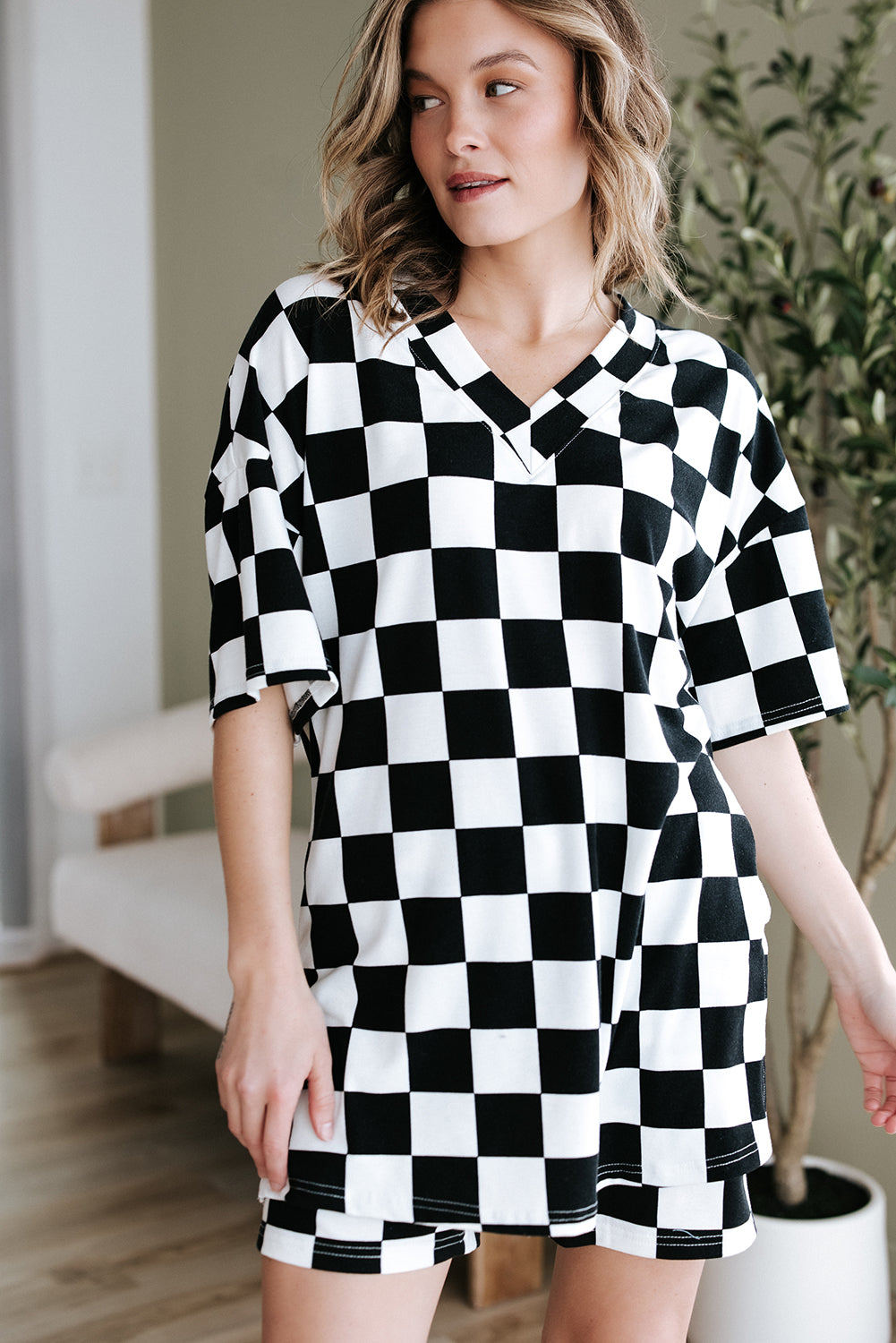 Blue Zone Planet | Black Checkerboard Print V Neck Loose Tee and Shorts Lounge Set-Loungewear & Sleepwear/Loungewear-[Adult]-[Female]-2022 Online Blue Zone Planet