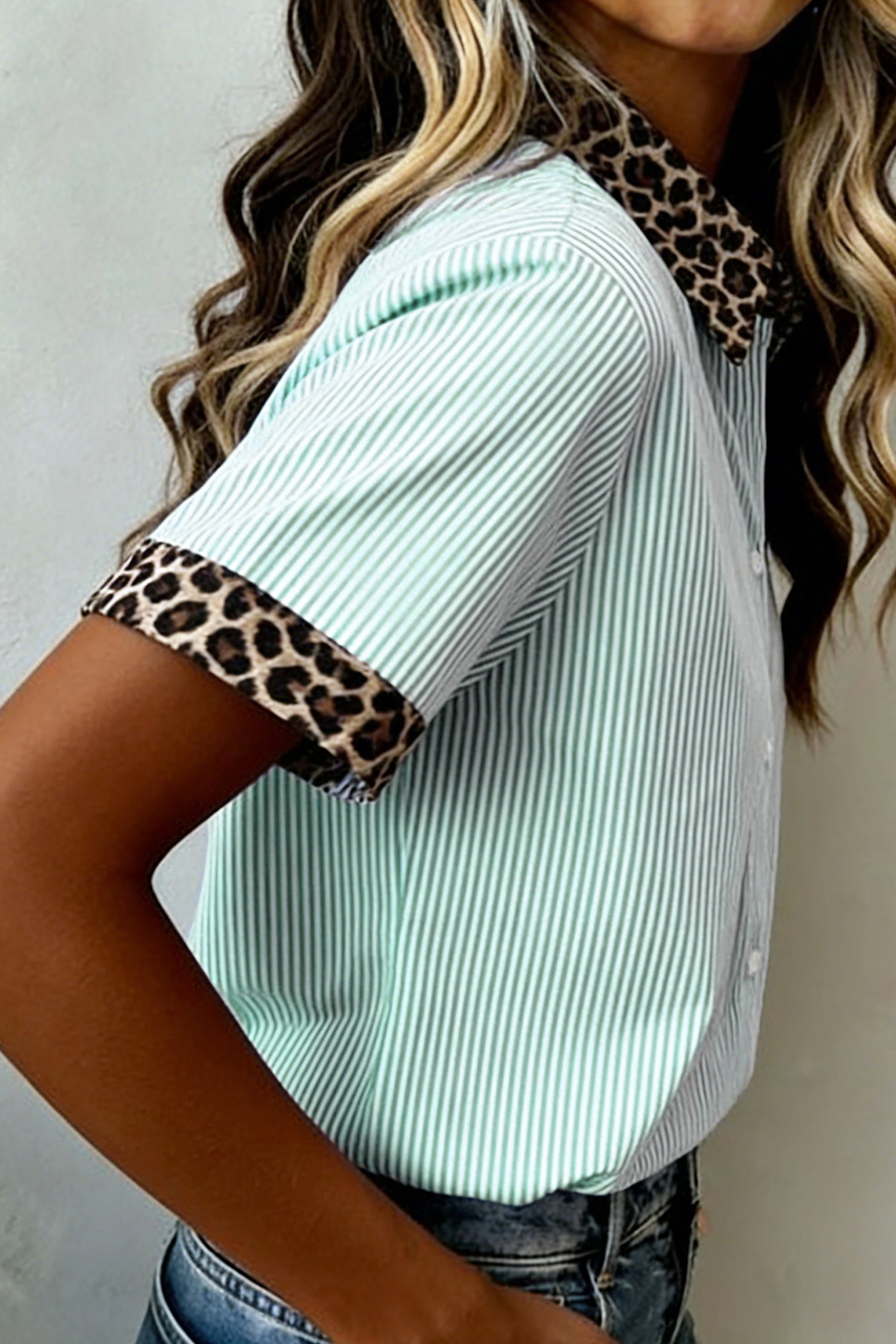 Sky Blue Stripe Leopard Contrast Collar Short Sleeve Shirt-Tops/Blouses & Shirts-[Adult]-[Female]-2022 Online Blue Zone Planet