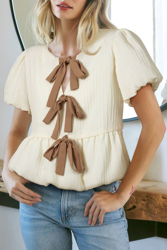 White Textured Bow Ties Front Bubble Hem Puff Short Sleeve Blouse-Tops/Blouses & Shirts-[Adult]-[Female]-White-S-2022 Online Blue Zone Planet