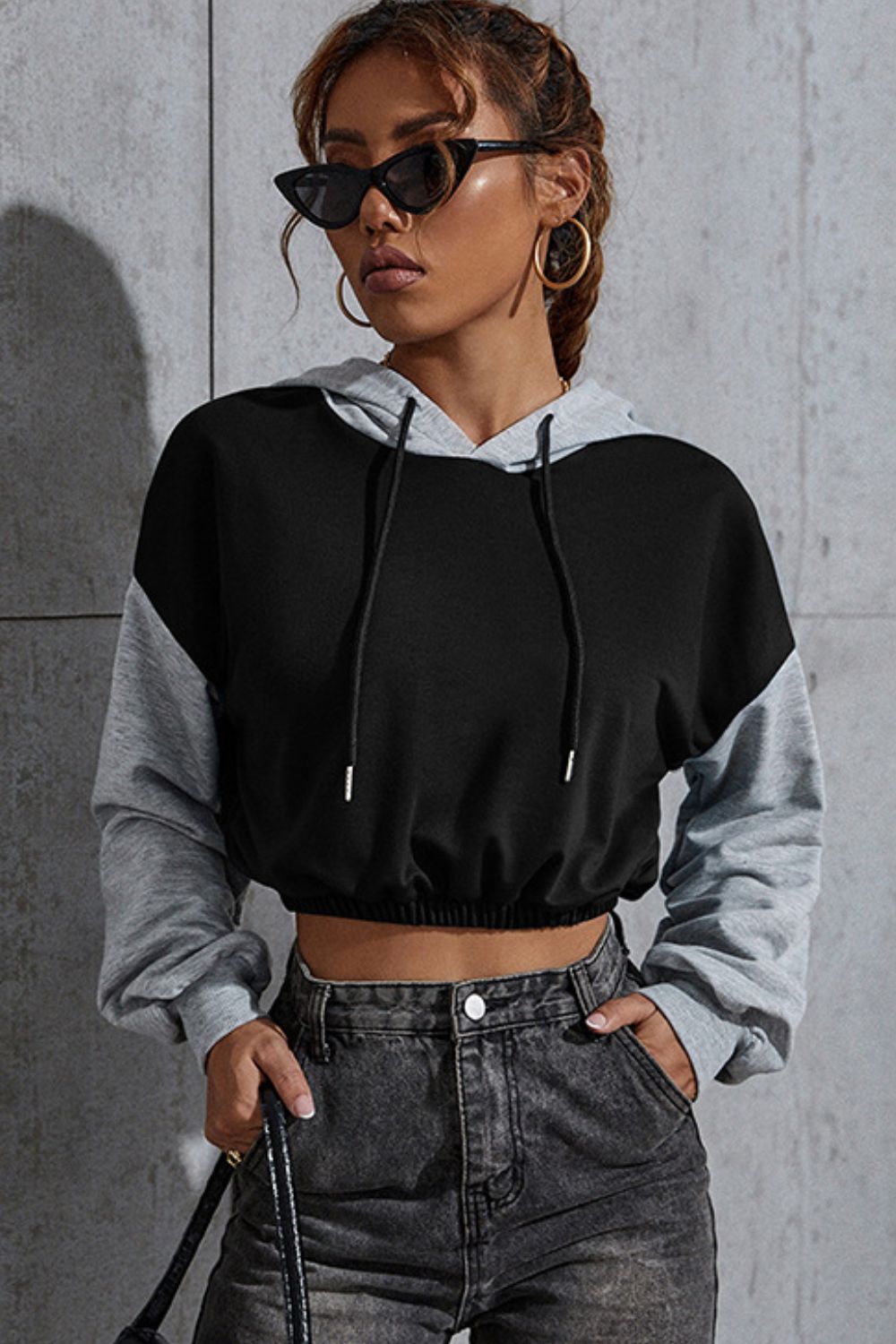 Perfee Contrast Long Sleeve Cropped Hoodie-TOPS / DRESSES-[Adult]-[Female]-2022 Online Blue Zone Planet