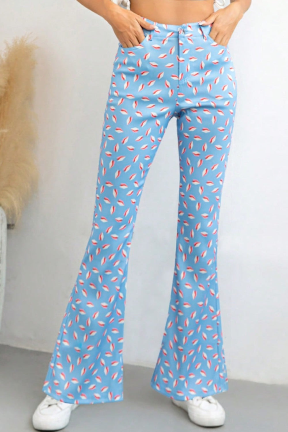 Blue Zone Planet | Printed High Waist Flare Pants with Pockets-BOTTOMS SIZES SMALL MEDIUM LARGE-[Adult]-[Female]-2022 Online Blue Zone Planet