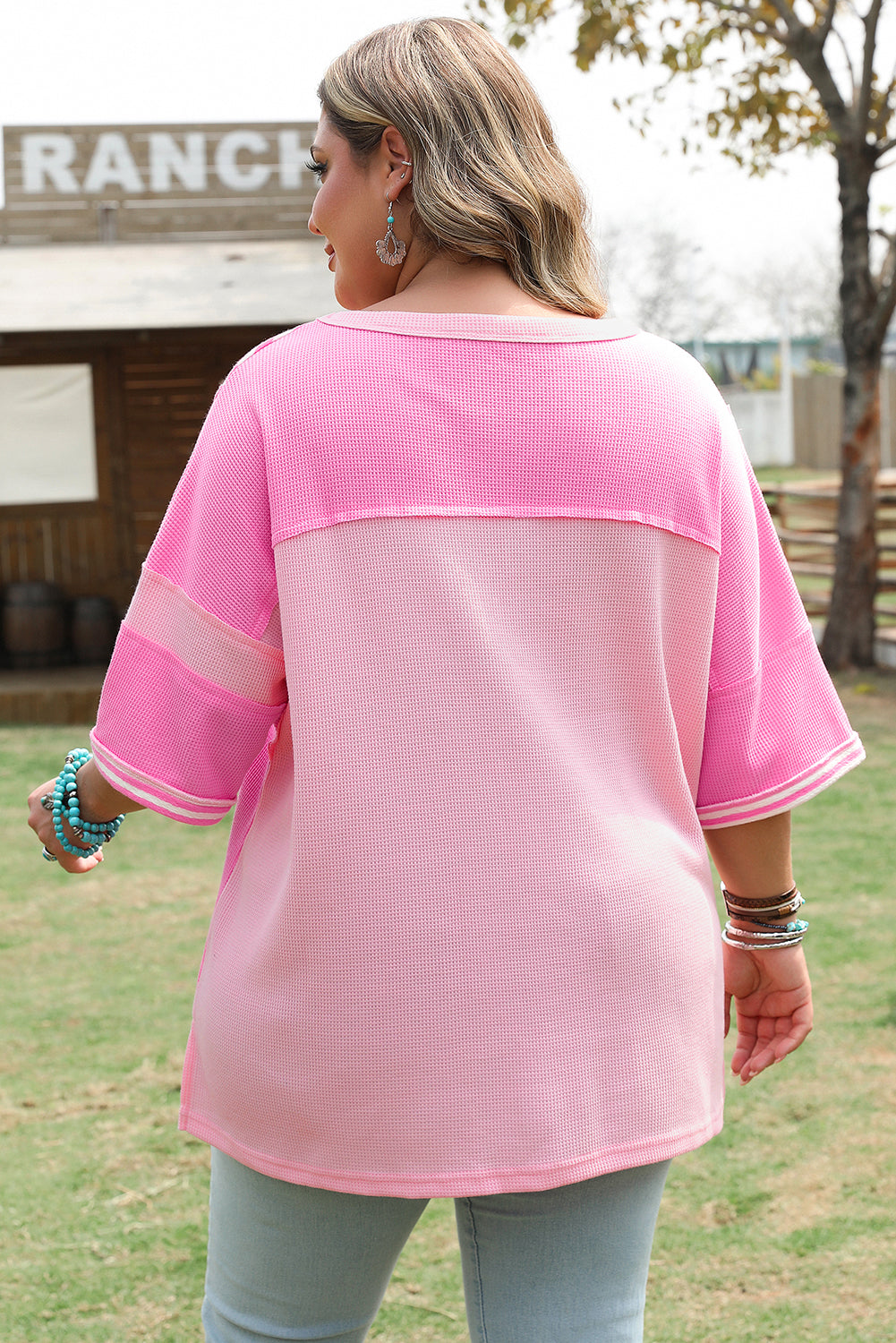 Pink Stripe Patchwork Colorblock Plus Size T Shirt-Plus Size/Plus Size Tops/Plus Size Tops & Tees-[Adult]-[Female]-2022 Online Blue Zone Planet