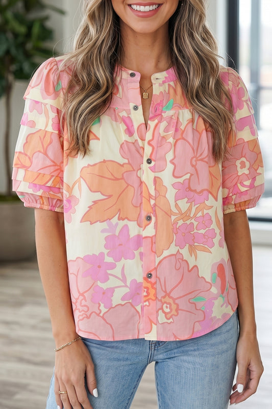 Pink Floral Print Button Down Pintuck Short Sleeve Shirt-Tops/Blouses & Shirts-[Adult]-[Female]-Pink-S-2022 Online Blue Zone Planet
