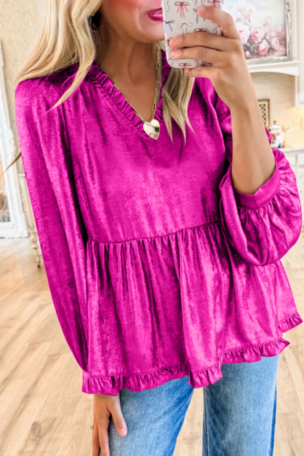 Frill V-Neck Long Sleeve Blouse-TOPS / DRESSES-[Adult]-[Female]-2022 Online Blue Zone Planet