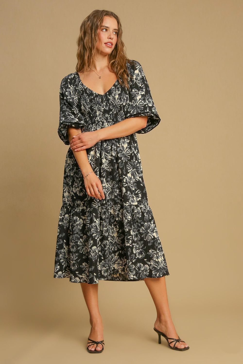 Umgee Ruffle Hem Flower Printed V-Neck Dress-TOPS / DRESSES-[Adult]-[Female]-Black-S-2022 Online Blue Zone Planet