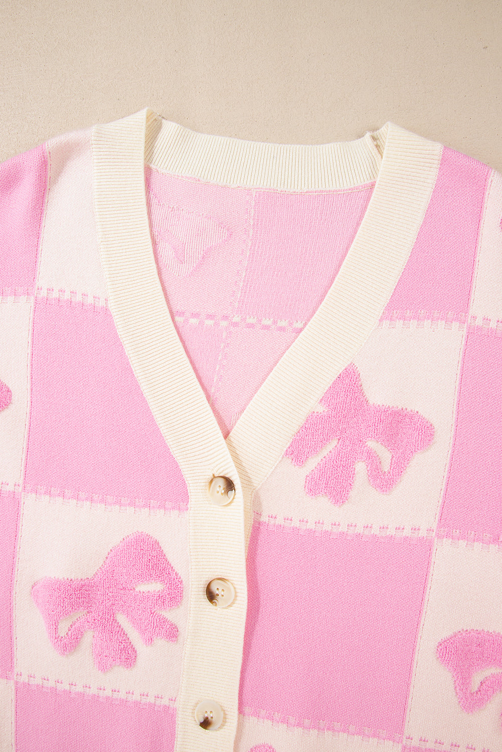 Blue Zone Planet | Pink Bowknot and Checkered Drop Shoulder Cardigan-Cardigans-[Adult]-[Female]-2022 Online Blue Zone Planet