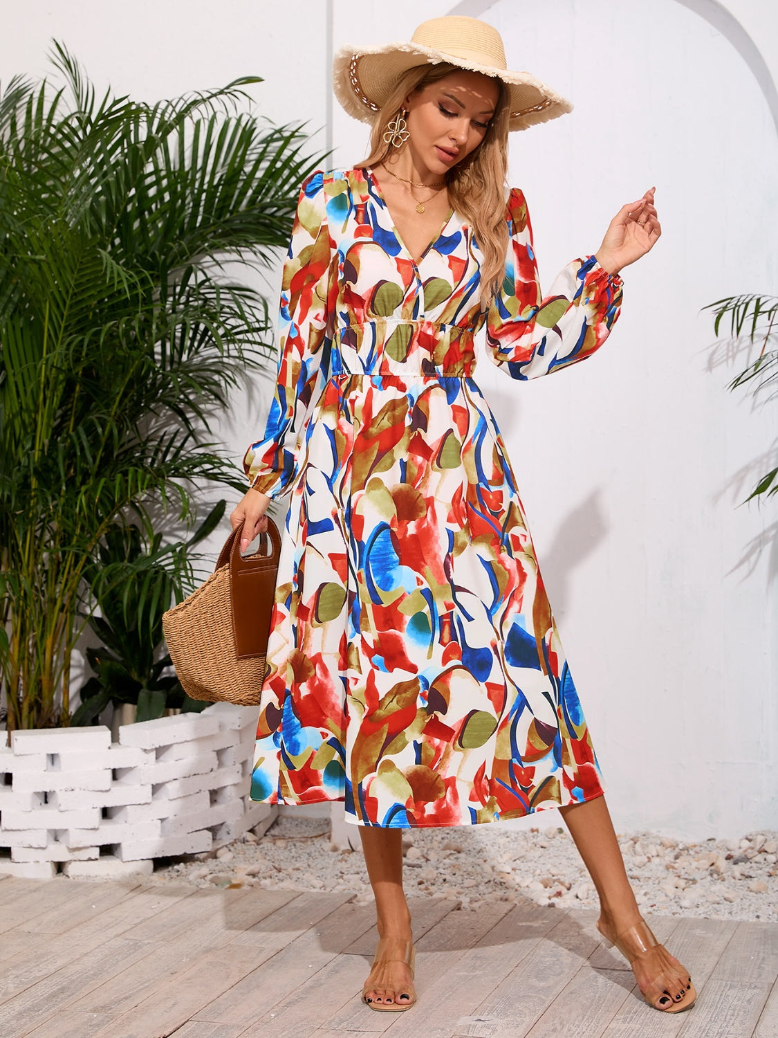 Printed Surplice Long Sleeve Midi Dress-TOPS / DRESSES-[Adult]-[Female]-2022 Online Blue Zone Planet