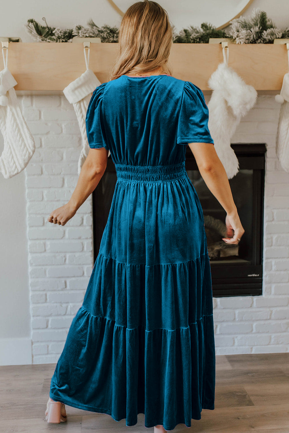 Prussian Blue Velvet Short Sleeve Shirred Waist Tiered Maxi Dress-Dresses/Maxi Dresses-[Adult]-[Female]-2022 Online Blue Zone Planet