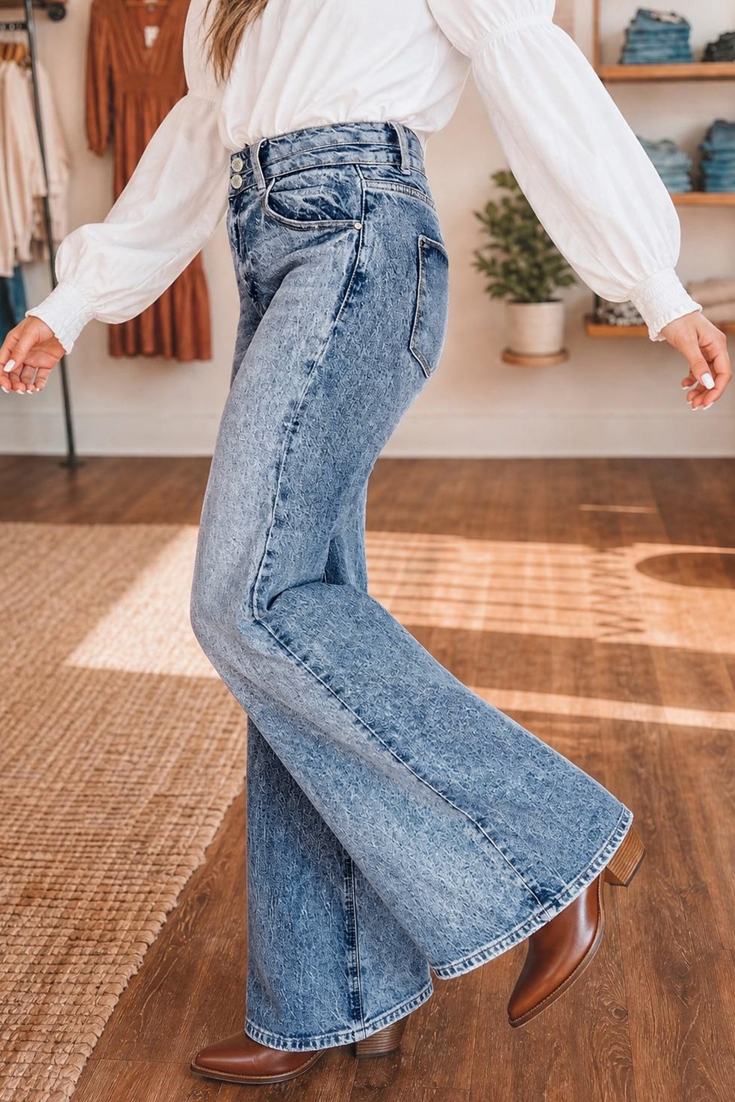 Beau Blue Acid Wash Pocket Detail Flare Jeans-Bottoms/Jeans-[Adult]-[Female]-2022 Online Blue Zone Planet