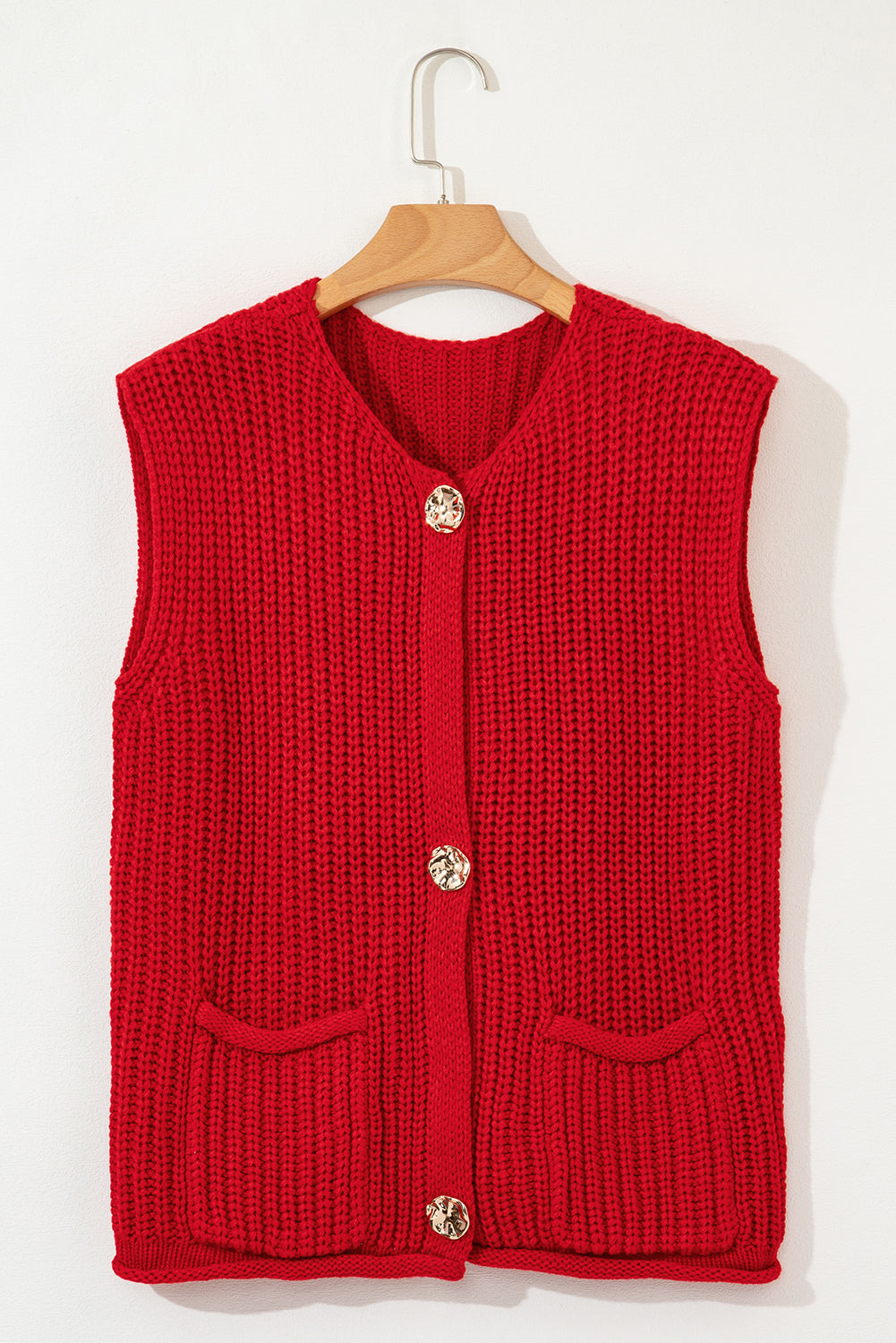 Blue Zone Planet | Fiery Red Solid Textured Knit Side Pockets Buttoned Sweater Vest-Sweaters & Cardigans/Sweater Vests-[Adult]-[Female]-2022 Online Blue Zone Planet